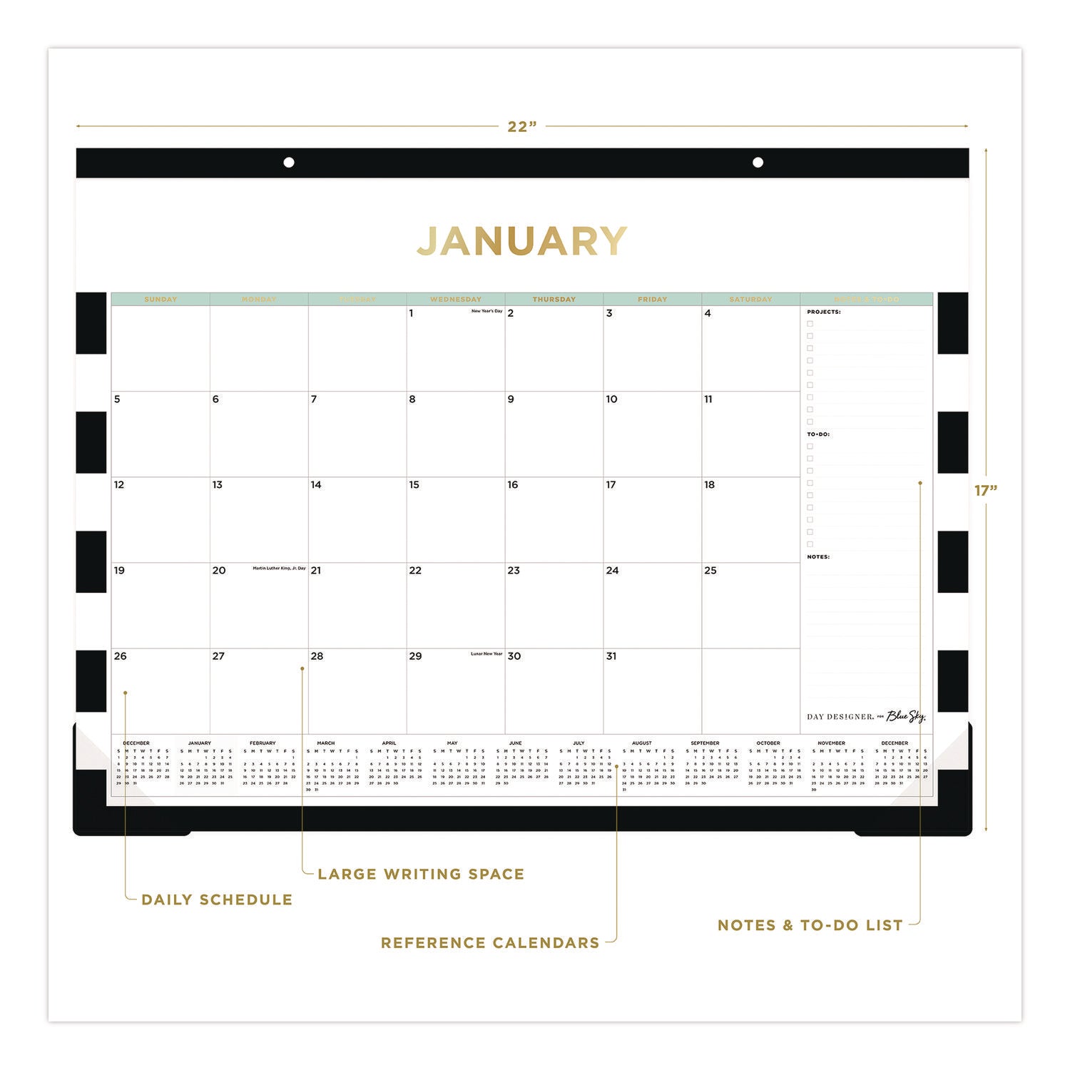 Blue Sky® Day Designer Rugby Stripe Desk Pad Calendar, 22 x 17, White/Black Sheets, 12-Month (Jan to Dec): 2025