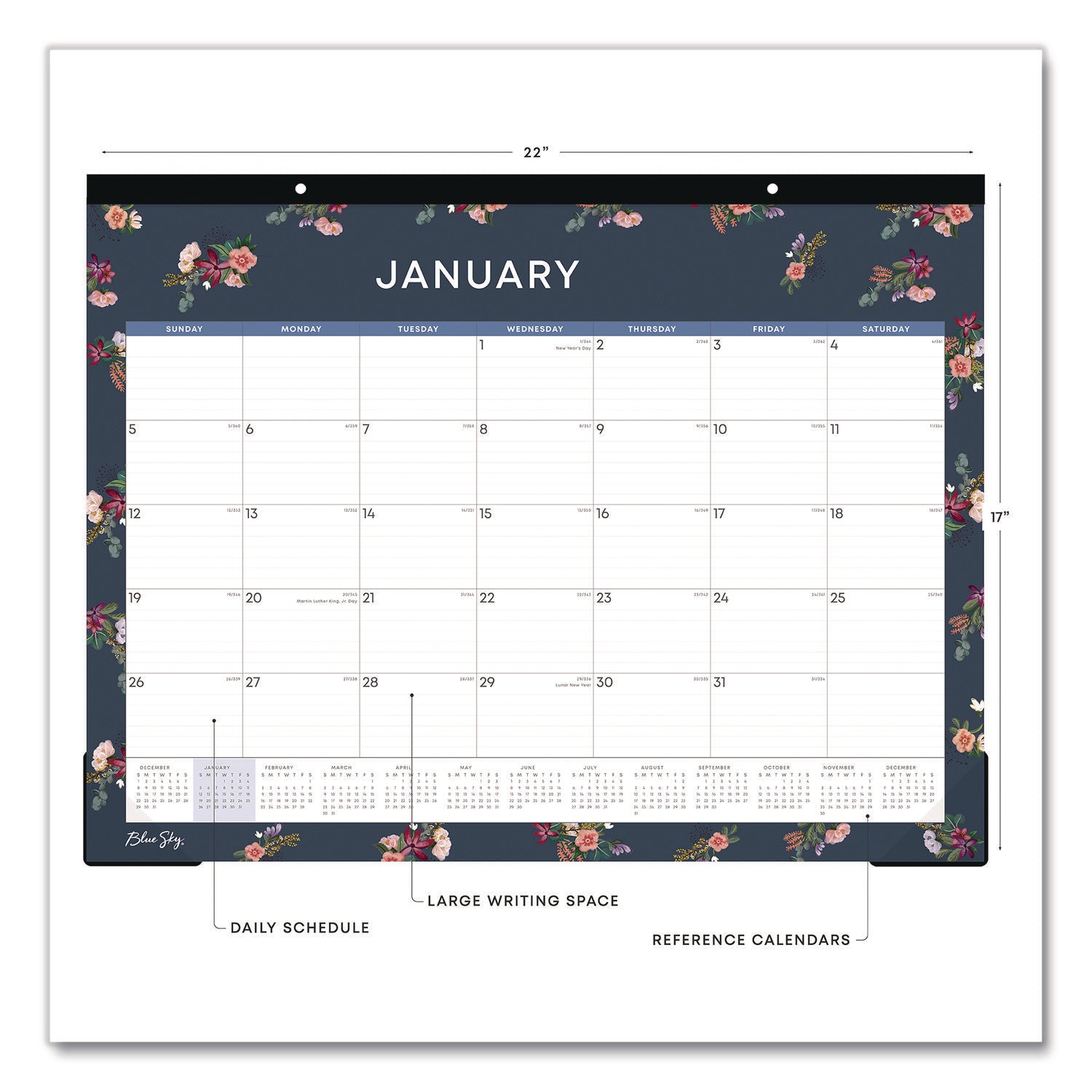 Blue Sky® Ashlyn Desk Pad Calendar, Floral Artwork, 22 x 17, White/Blue/Pink Sheets, Black Headband, 12-Month (Jan to Dec): 2025