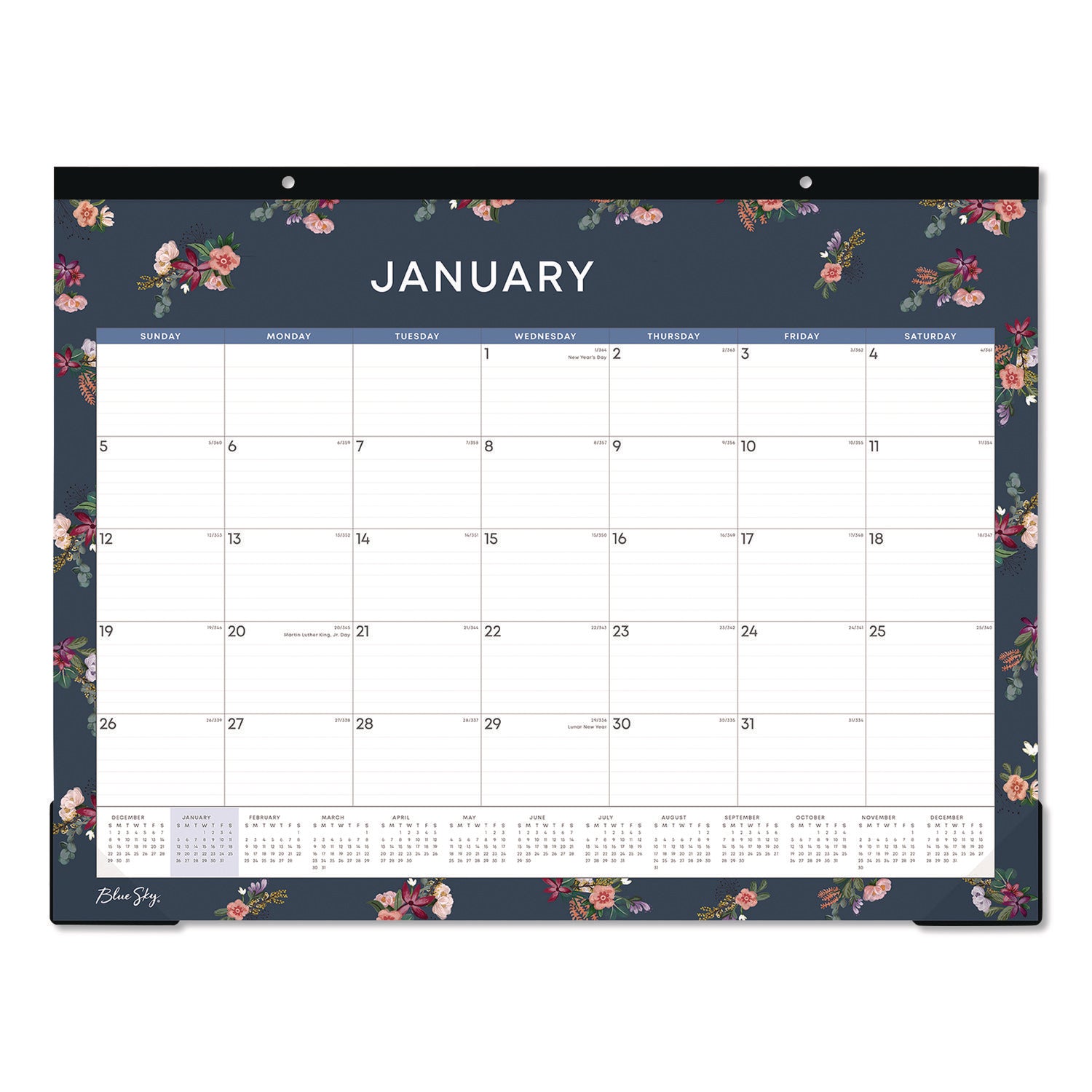 Blue Sky® Ashlyn Desk Pad Calendar, Floral Artwork, 22 x 17, White/Blue/Pink Sheets, Black Headband, 12-Month (Jan to Dec): 2025