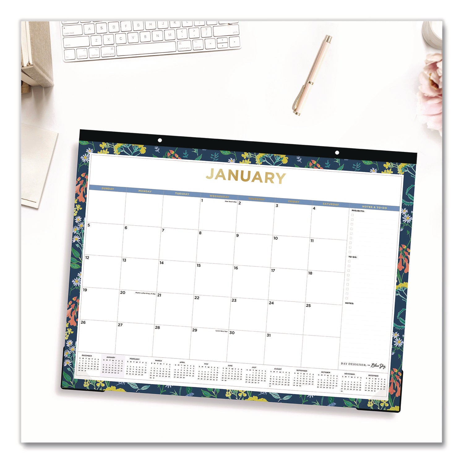 Blue Sky® Meadow Blue Desk Pad Calendar, Floral Artwork, 22 x 17, White/Multicolor Sheet, Black Headband, 12-Month (Jan to Dec): 2025