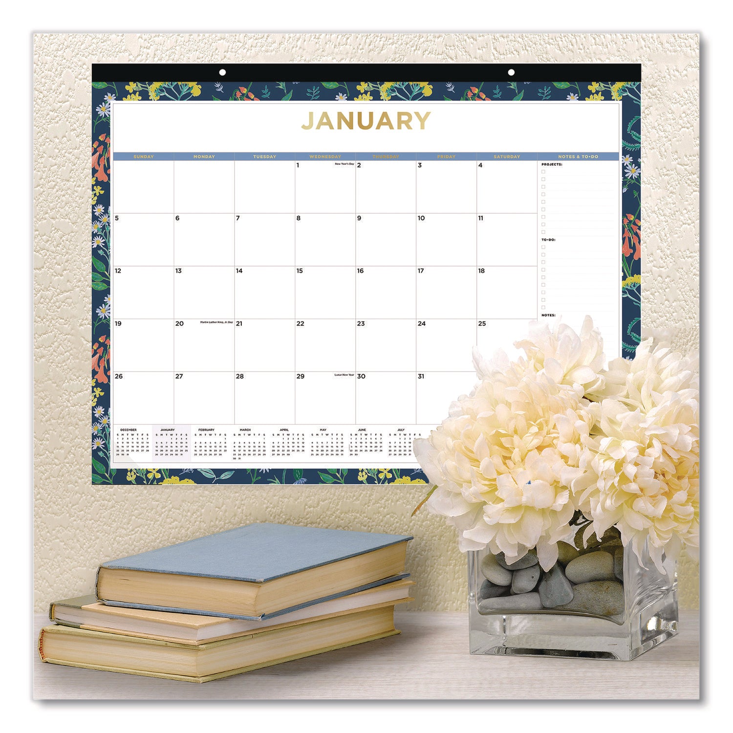 Blue Sky® Meadow Blue Desk Pad Calendar, Floral Artwork, 22 x 17, White/Multicolor Sheet, Black Headband, 12-Month (Jan to Dec): 2025