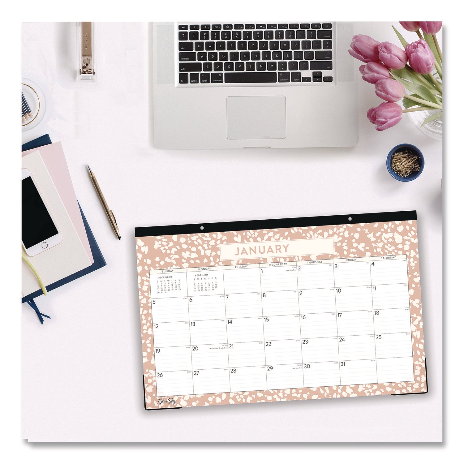 Blue Sky® Natalya Desk Pad Calendar, Abstract Artwork, 17 x 11, White/Peach Sheets, Black Headband, 12-Month (Jan to Dec): 2025