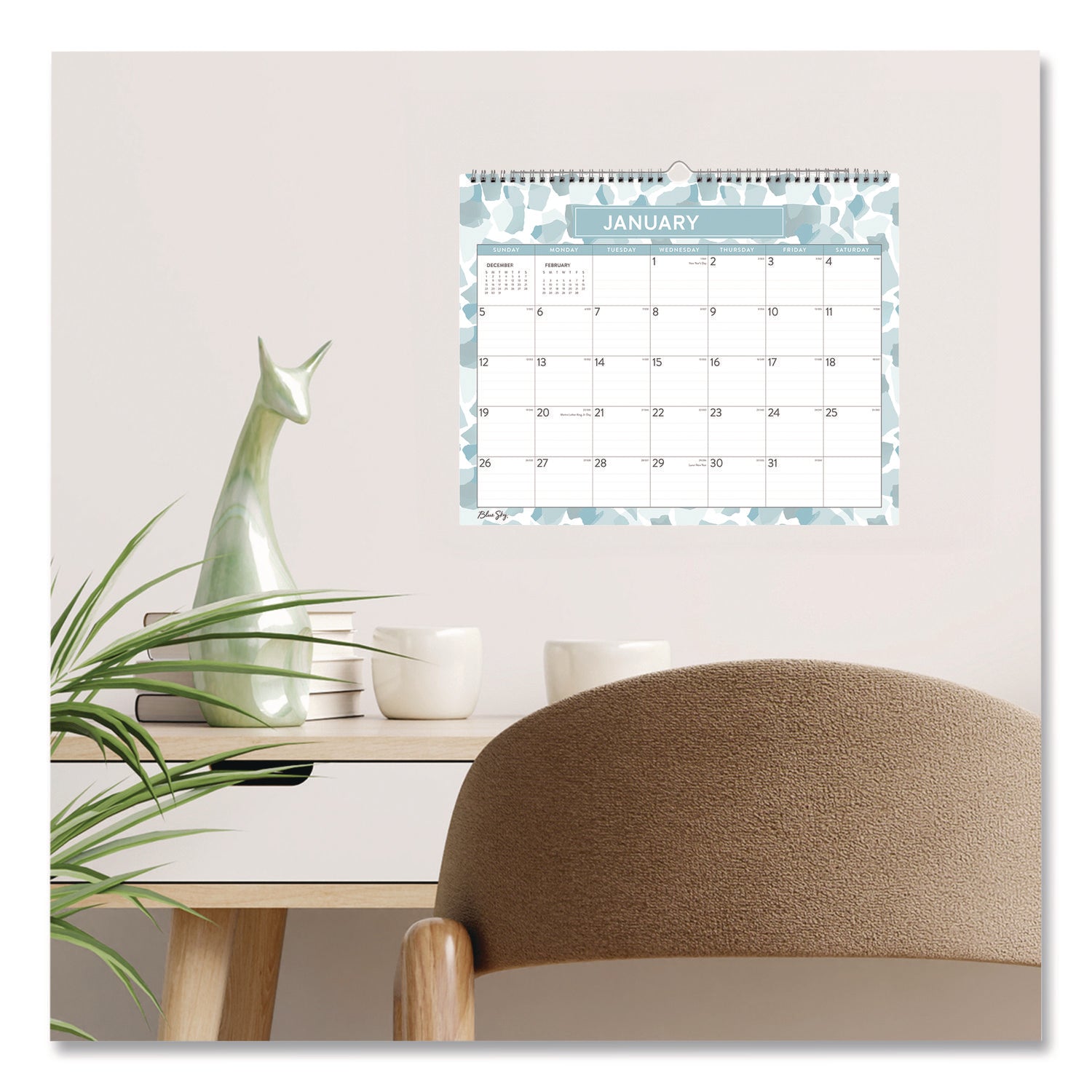 Blue Sky® Amitza Blue Monthly Wall Calendar, Abstract Artwork, 15 x 12, White/Blue/Gray Sheets, 12-Month (Jan to Dec): 2025