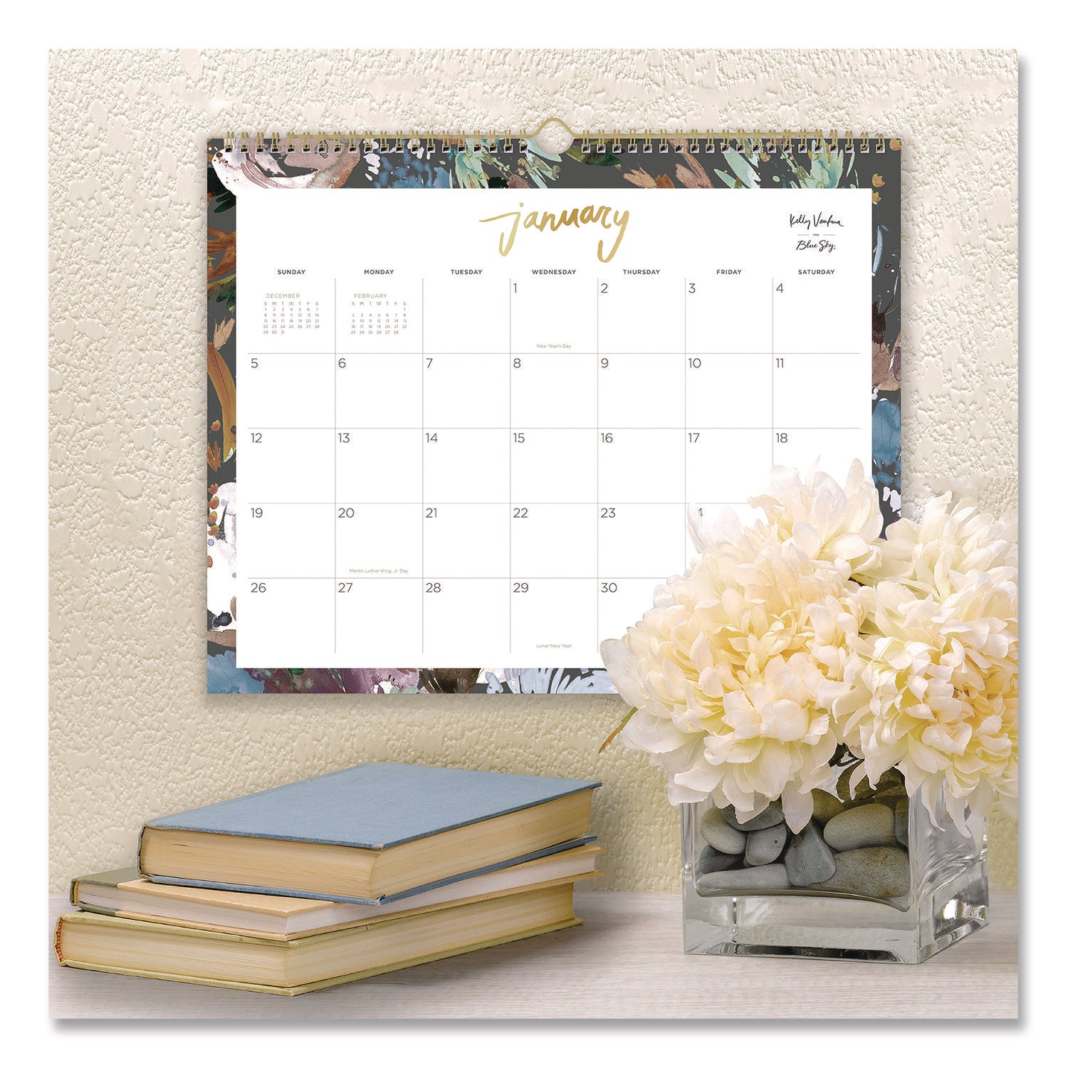 Blue Sky® Kelly Ventura Midnight Garden Monthly Wall Calendar, Floral Artwork, 15 x 12, Multicolor Sheets, 12-Month (Jan to Dec): 2025