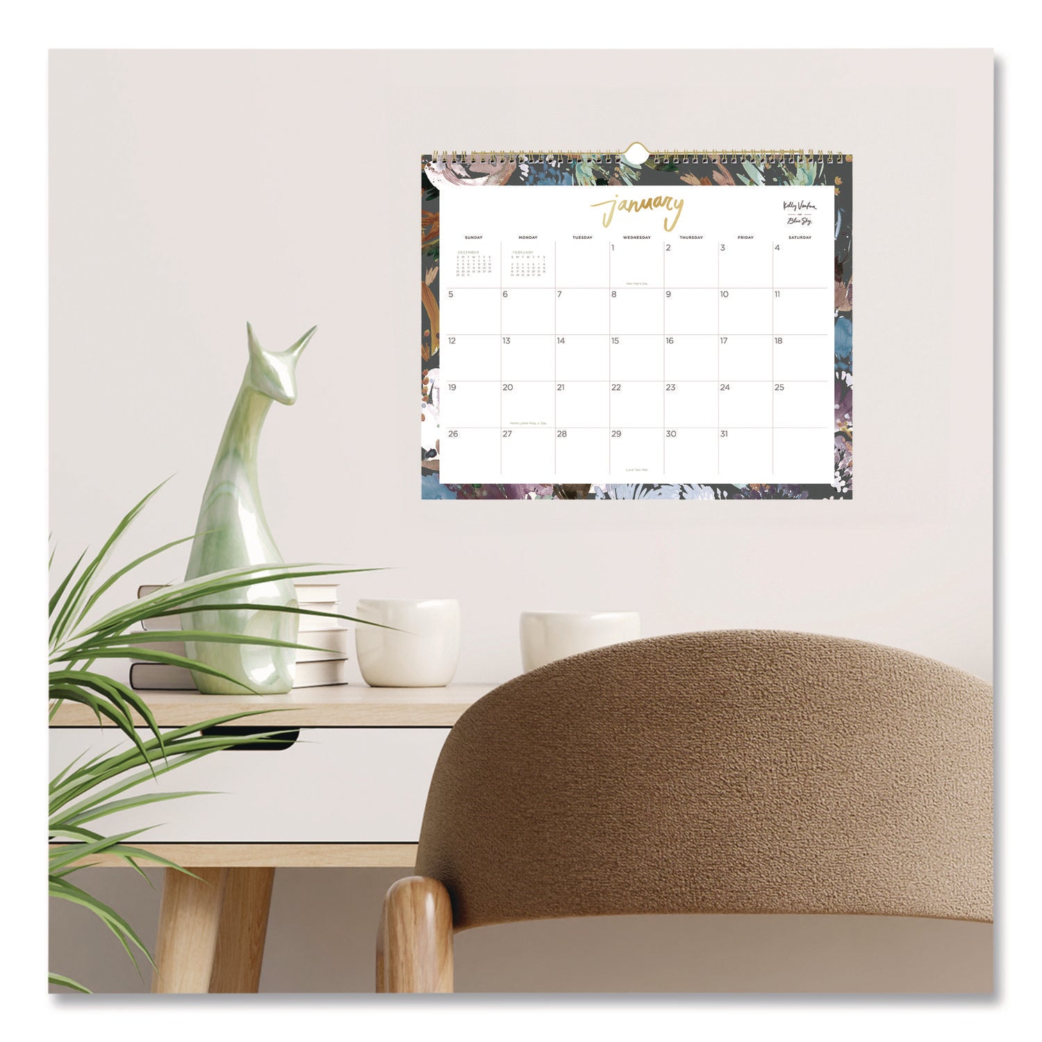 Blue Sky® Kelly Ventura Midnight Garden Monthly Wall Calendar, Floral Artwork, 15 x 12, Multicolor Sheets, 12-Month (Jan to Dec): 2025