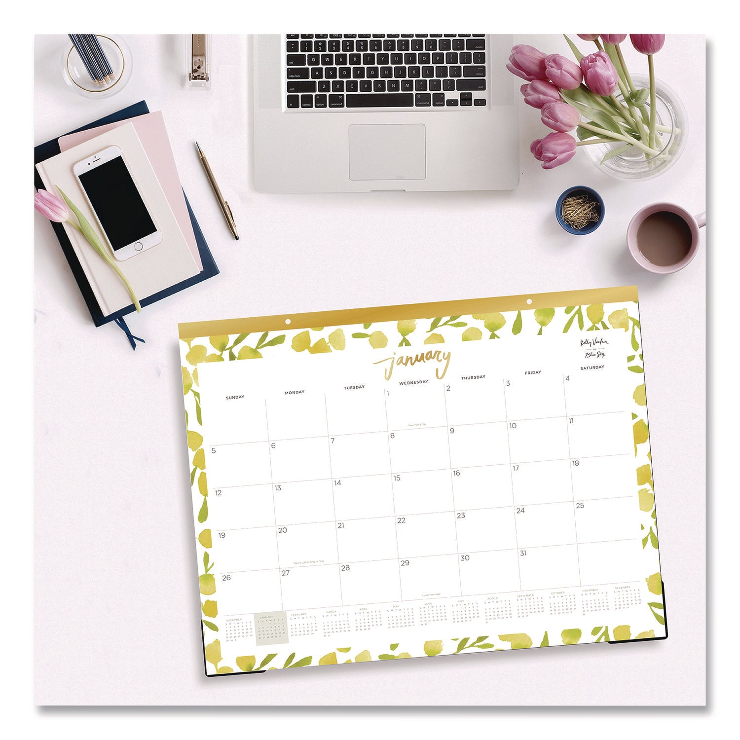 Blue Sky® Kelly Ventura Mimosa Desk Pad Calendar, Lemons Artwork, 22 x 17, White/Yellow/Green Sheets, 12-Month (Jan to Dec): 2025