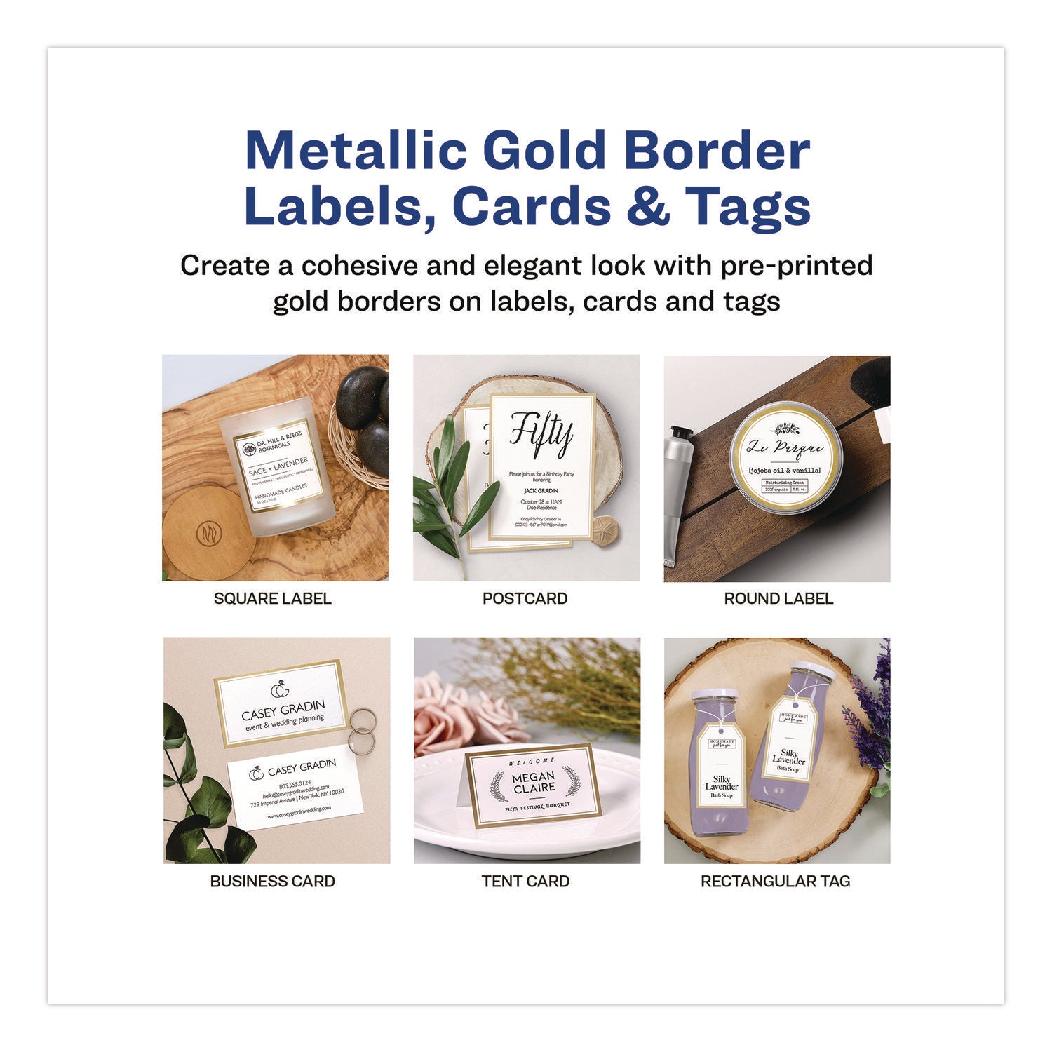 Avery® Business Cards with Metallic Gold Borders, Inkjet/Laser, 2 x 3.5, White, 100 Cards, 10 Cards/Sheet, 10 Sheets/Pack