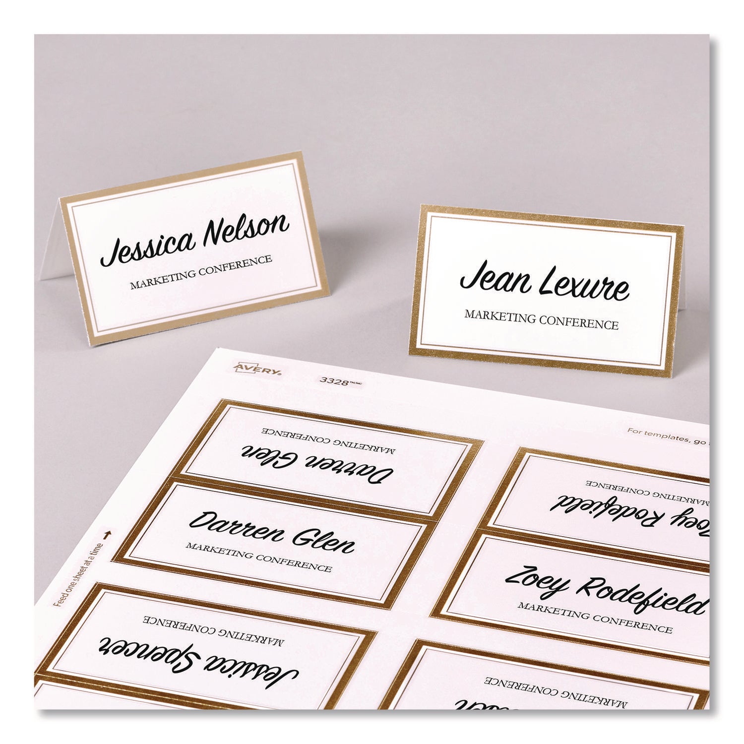 Avery® Matte White Metallic Gold Border Tent Cards, 3.5 x 2, 4 Cards/Sheet, 20 Sheets/Pack