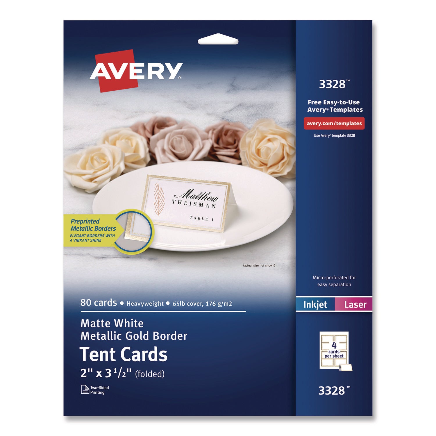 Avery® Matte White Metallic Gold Border Tent Cards, 3.5 x 2, 4 Cards/Sheet, 20 Sheets/Pack