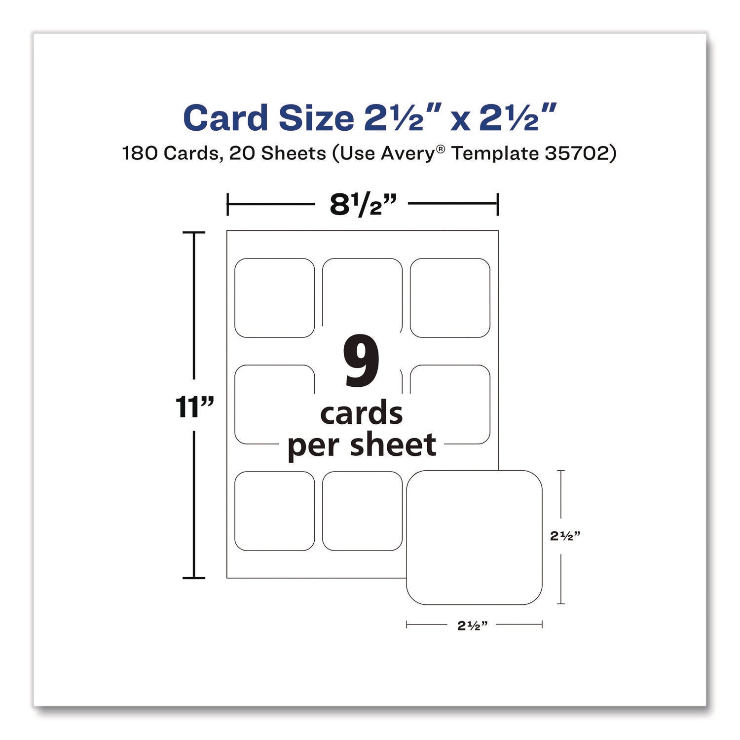 Avery® Clean Edge Square Cards, Inkjet, 2.5 x 2.5, 180 Cards, 9 Cards/Sheet, 20 Sheets/Pack