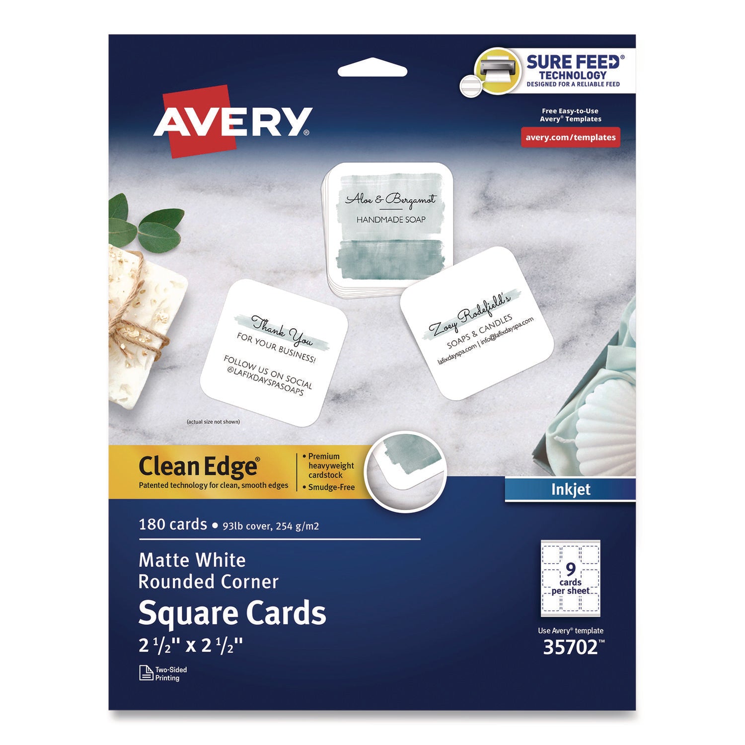 Avery® Clean Edge Square Cards, Inkjet, 2.5 x 2.5, 180 Cards, 9 Cards/Sheet, 20 Sheets/Pack