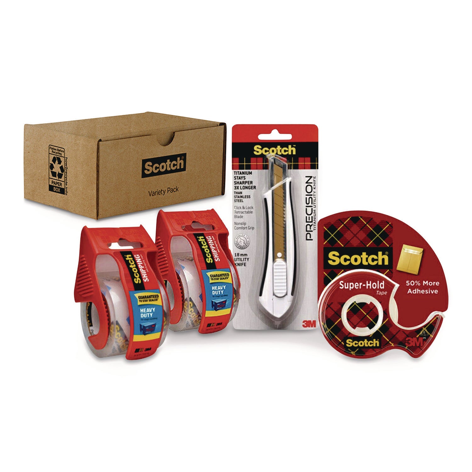 Scotch® Shipping Variety Pack, (2) Rolls Heavy Duty Shipping Tape, (1) Roll Super-Hold Tape, (1) Precision Cutter