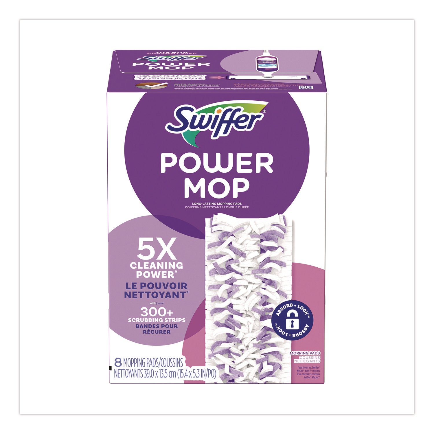 Swiffer® PowerMop Mopping Pads, 15.4 x 5.3, White/Purple, 8/Pack