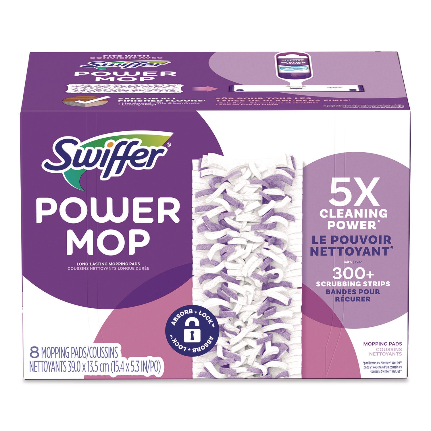 Swiffer® PowerMop Mopping Pads, 15.4 x 5.3, White/Purple, 8/Pack