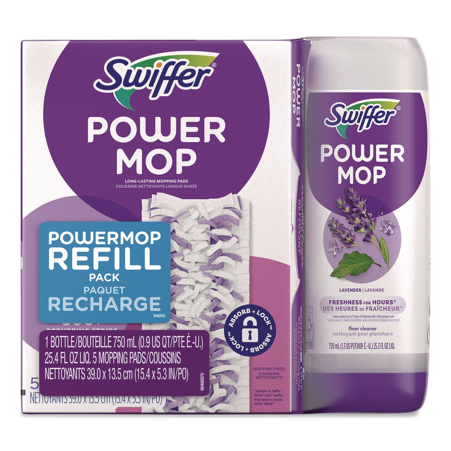 Swiffer® PowerMop Cleaning Solution and Pads Refill Pack, Lavender, 25.3 oz Bottle and 5 Pads/Pack