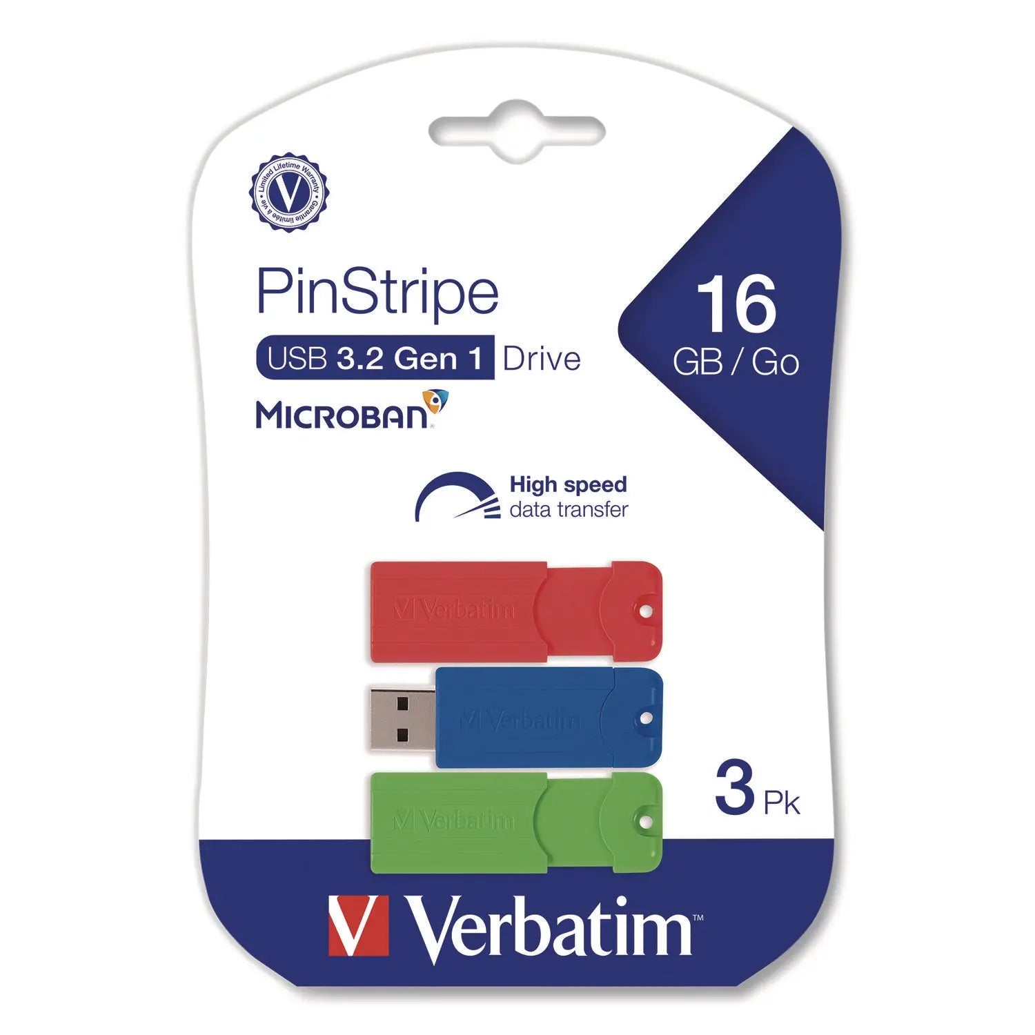 Verbatim® PinStripe USB 3.2 Flash Drive, 16 GB, Blue/Green/Red, 3/Pack Verbatim® Flipcost