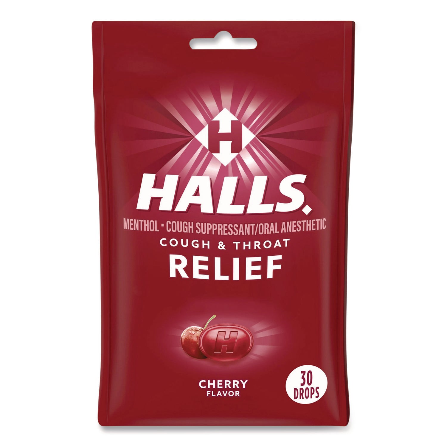 HALLS Relief Menthol Cough Suppressant - Oral Anesthetic, Cherry, 30/Pack