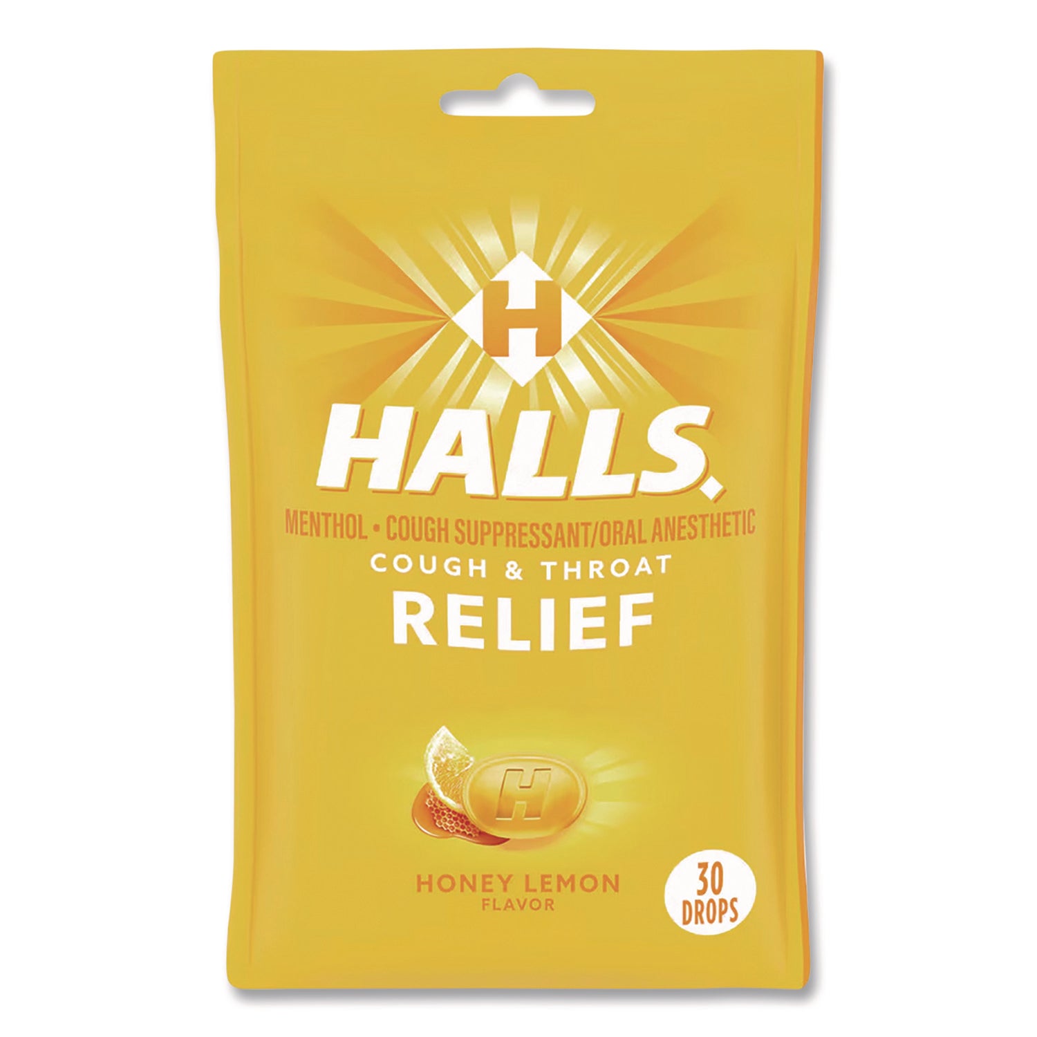 HALLS Relief Menthol cough Suppressant - Oral Anesthetic, Honey Lemon, 30/Pack