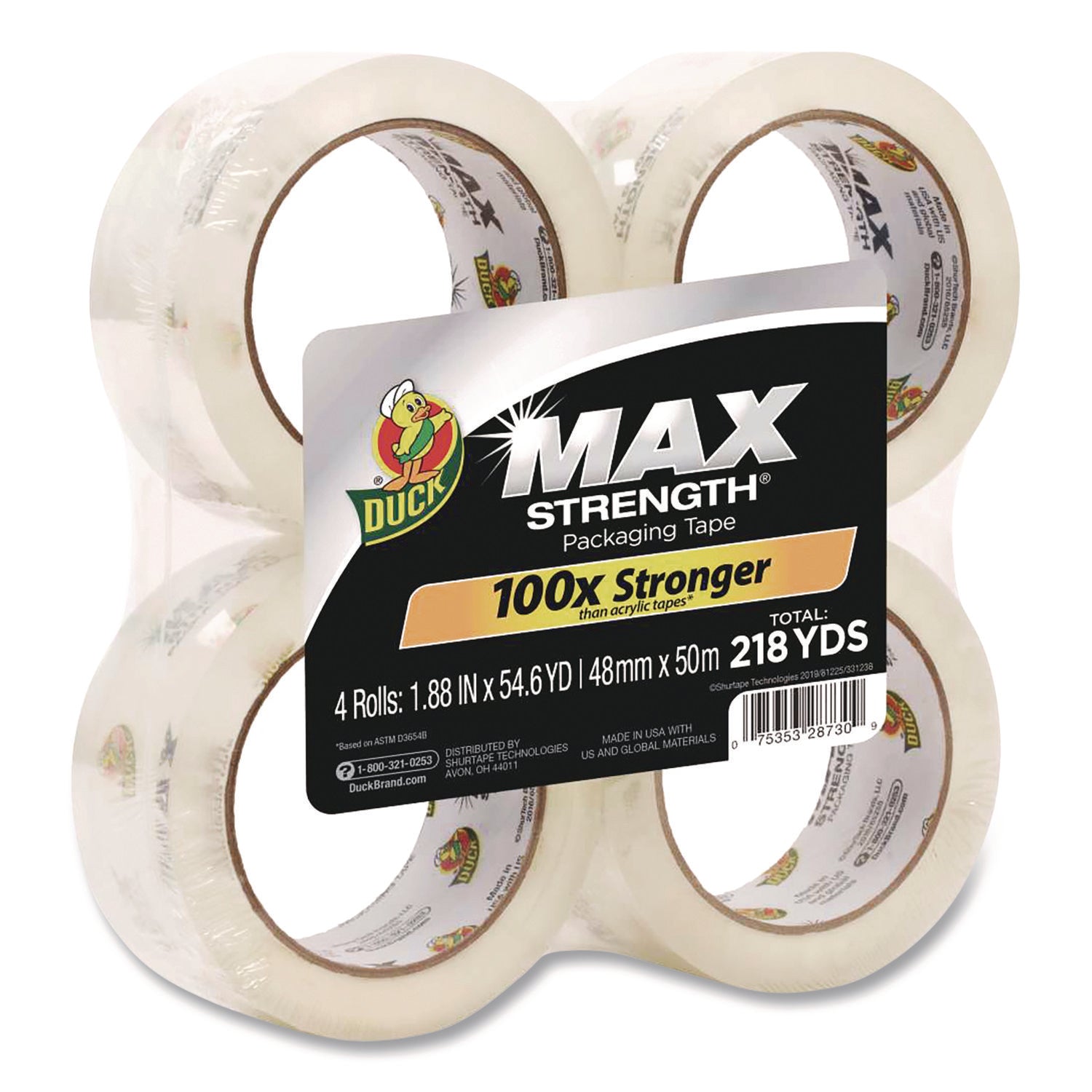 Duck® Max Packing Tape, 3" Core, 1.88" x 54.6 yds, Crystal Clear, 4 Rolls/Pack