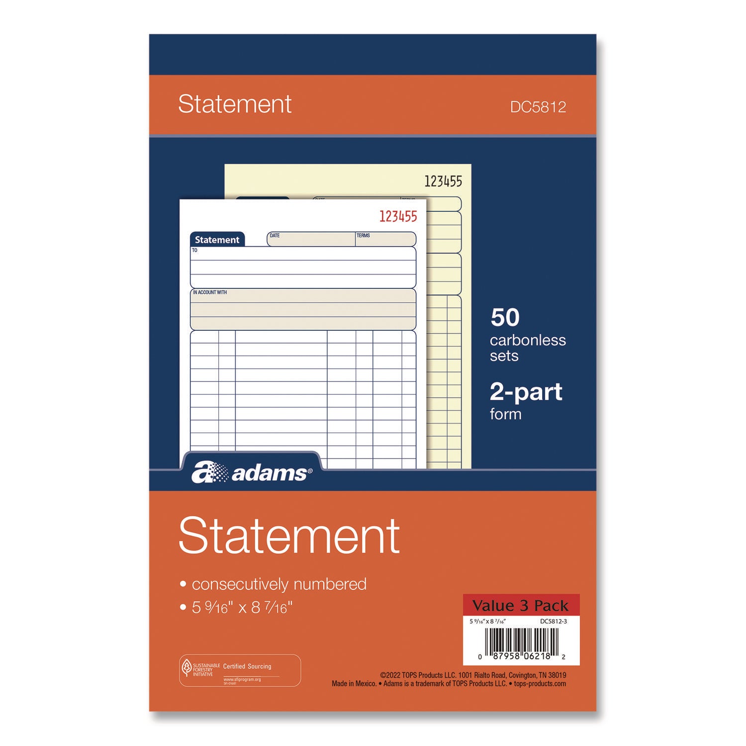 Adams® Multipart Statement Pad, Two-Part Carbonless, 5.56 x 7.94, 50 Sets/Pad, 3 Pads/Pack