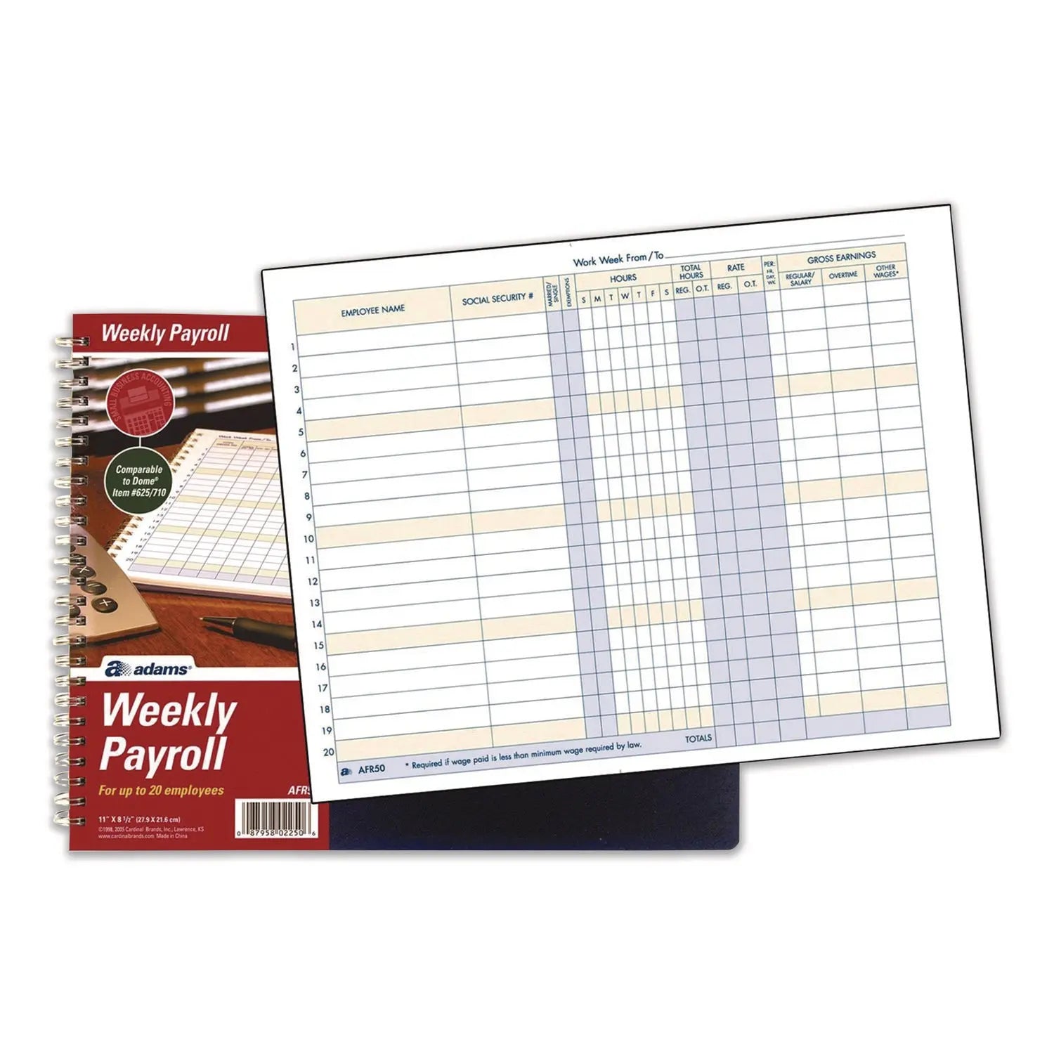 Adams® Weekly Payroll Record Book for 20 Employees, Two-Page Spread: 36 Columns, Royal Blue Cover, 8.5 x 11 Sheets, 56 Sheets/Book Adams® Flipcost