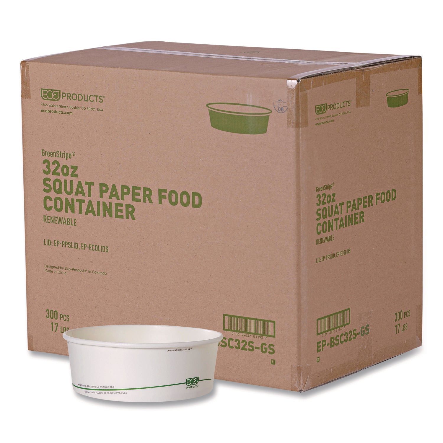 Eco-Products® GreenStripe Paper Food Containers, 7.28" dia x, 2.48", White, 300/Carton