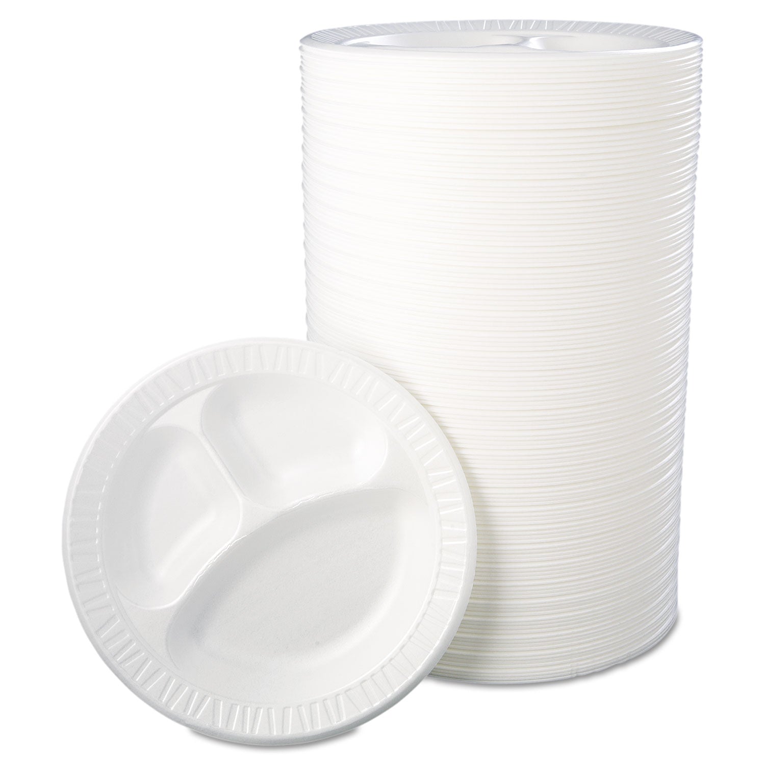 Quiet Class Laminated Foam Dinnerware, 3-Compartment Plate, 10.25" dia, White, 125/Pack, 4 Packs/Carton Dart® Flipcost