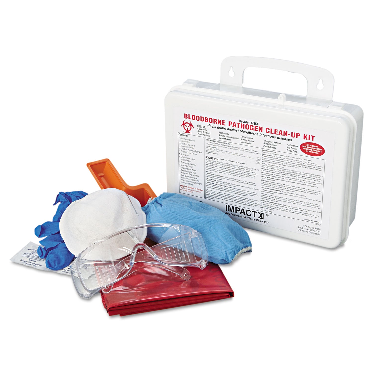 Impact® Bloodborne Pathogen Cleanup Kit, 10 x 7 x 2.5, OSHA Compliant, Plastic Case