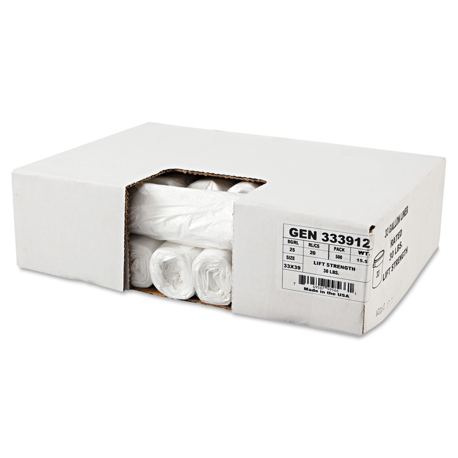 General Supply High-Density Can Liners, 33 gal, 9 mic, 33" x 39", Natural, Perforated Roll, 25 Bags/Roll, 20 Rolls/Carton