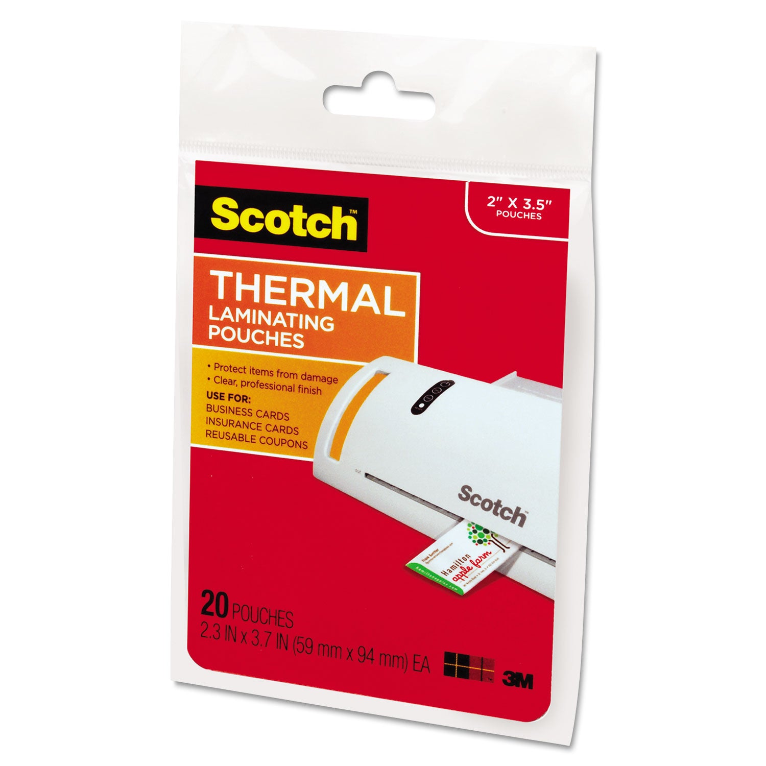 Scotch™ Laminating Pouches, 5 mil, 3.75" x 2.38", Gloss Clear, 20/Pack