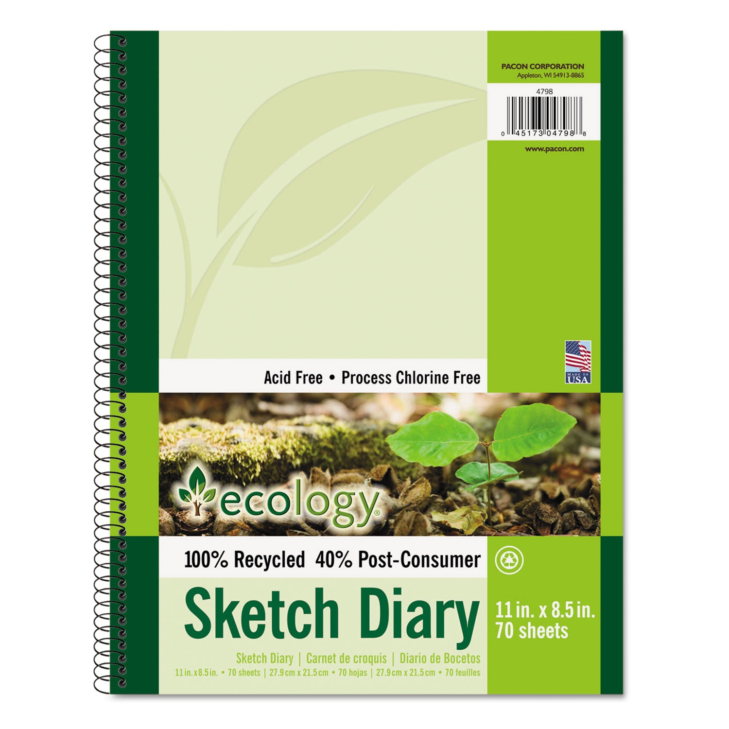 Ecology Sketch Diary, 60 lb Text Paper Stock, Green Cover, (70) 11 x 8.5 Sheets