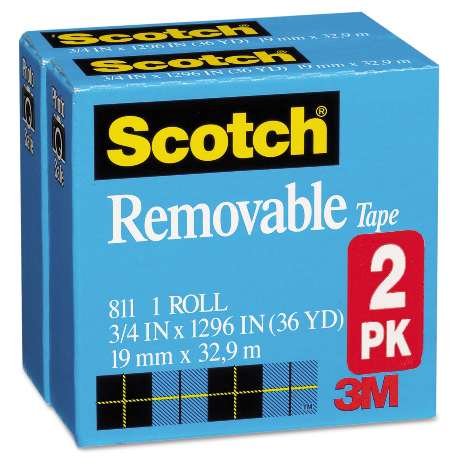 Scotch® Removable Tape, 1" Core, 0.75" x 36 yds, Transparent, 2/Pack