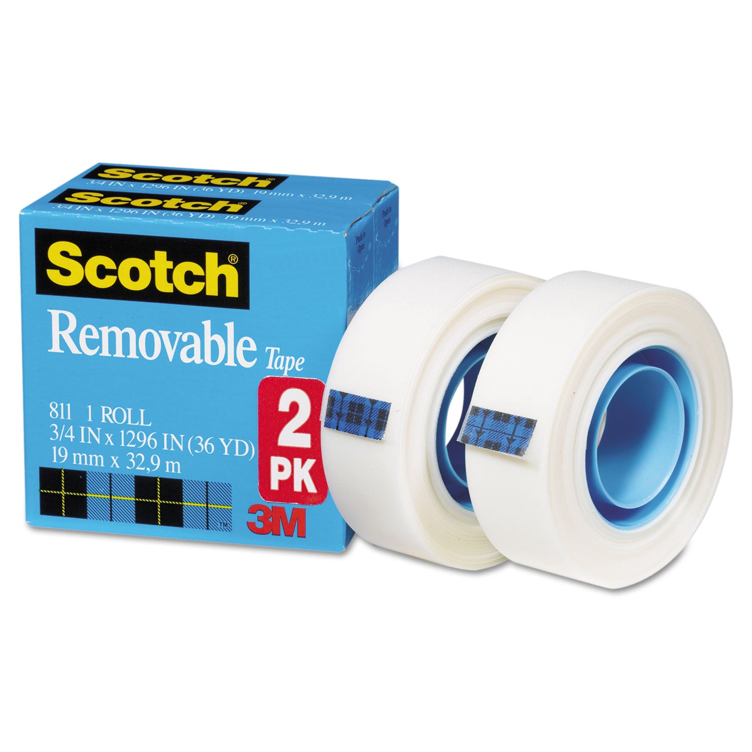 Scotch® Removable Tape, 1" Core, 0.75" x 36 yds, Transparent, 2/Pack