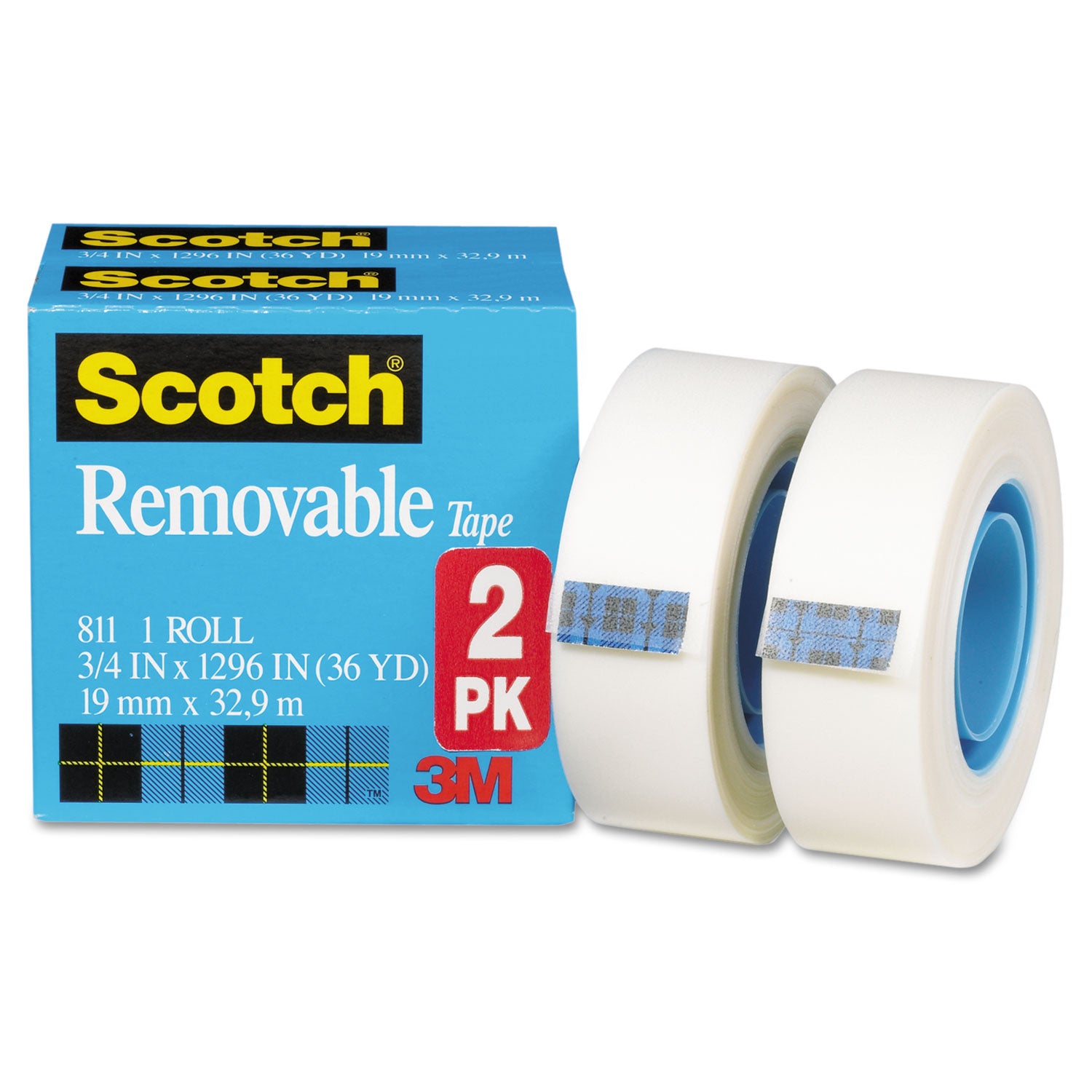 Scotch® Removable Tape, 1" Core, 0.75" x 36 yds, Transparent, 2/Pack