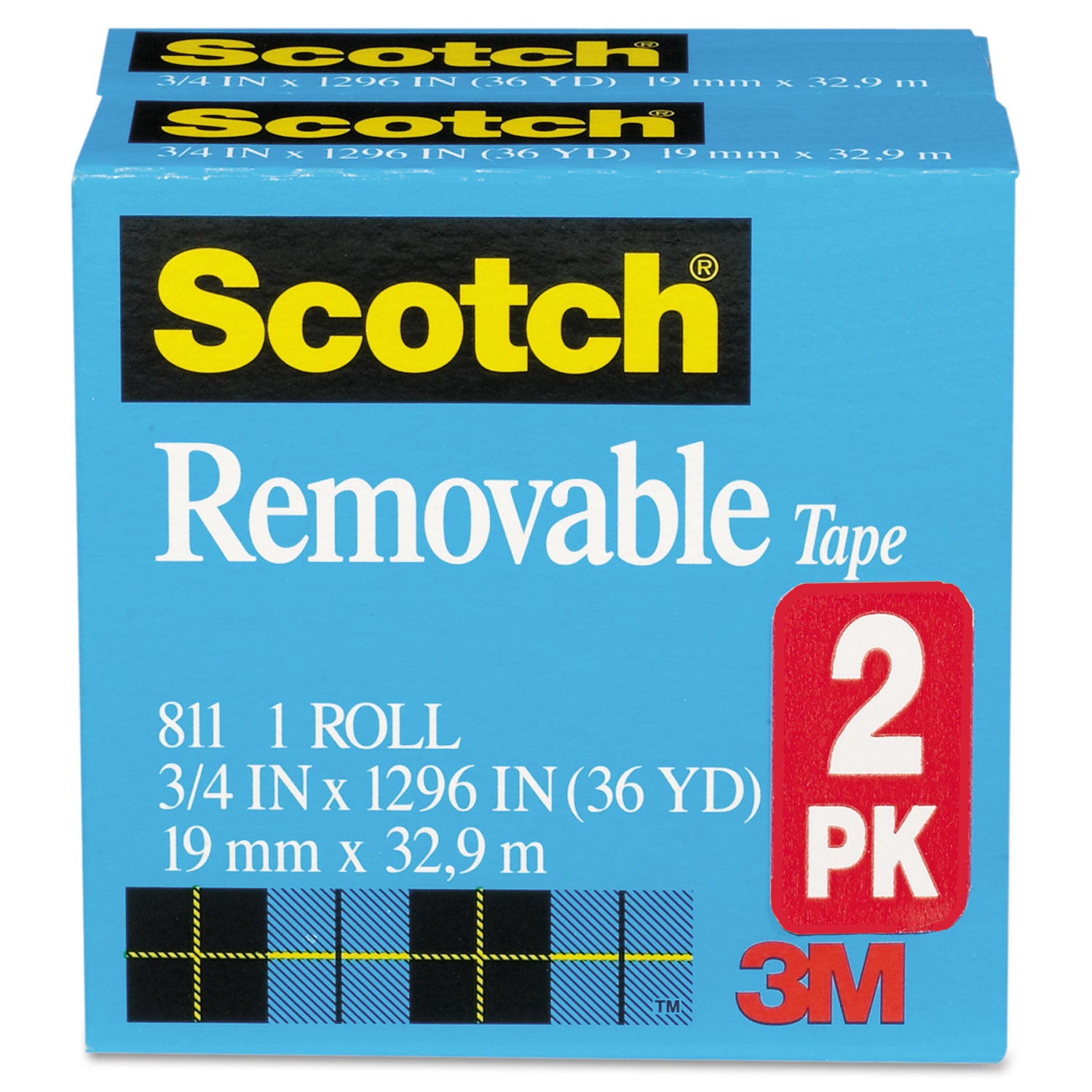 Scotch® Removable Tape, 1" Core, 0.75" x 36 yds, Transparent, 2/Pack