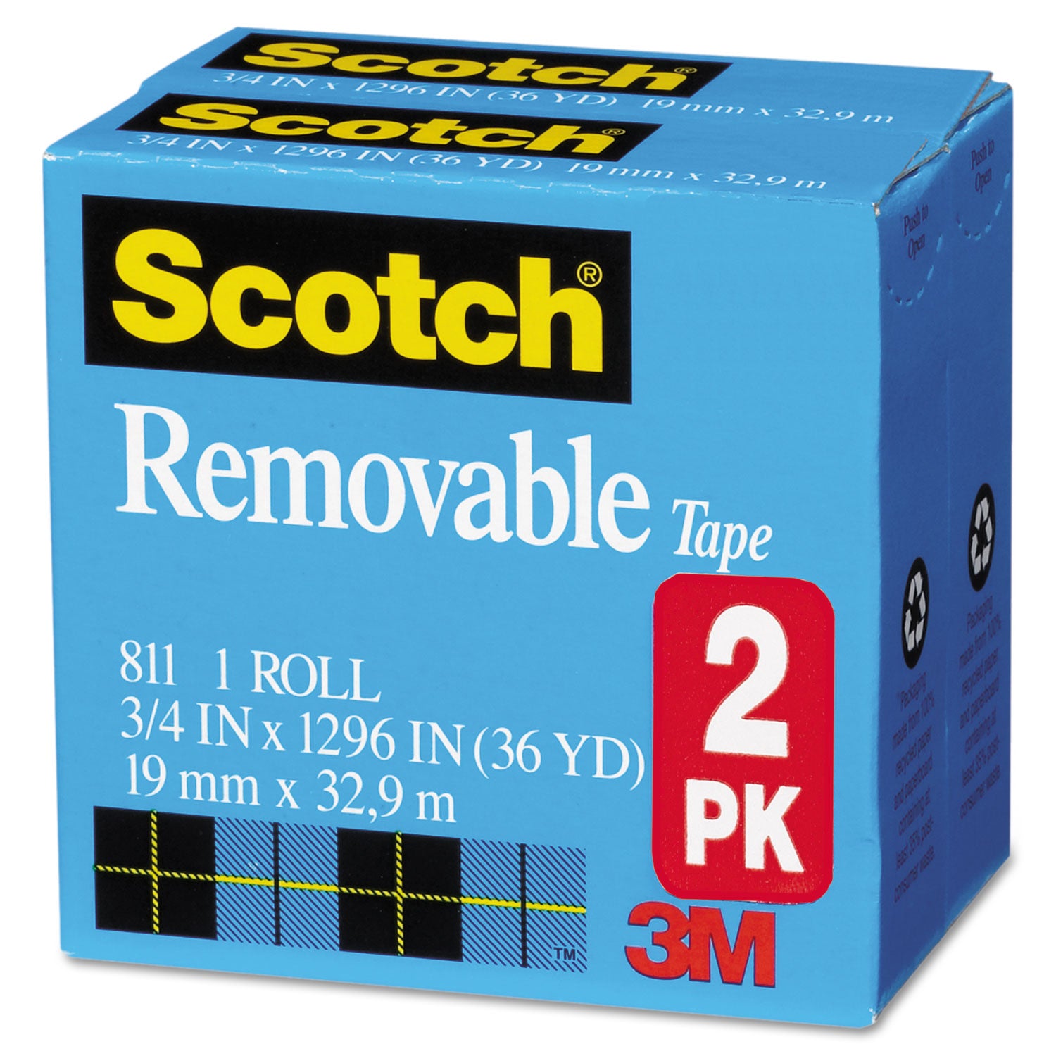 Scotch® Removable Tape, 1" Core, 0.75" x 36 yds, Transparent, 2/Pack