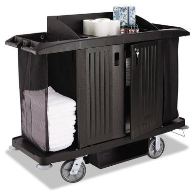 Rubbermaid® Commercial Housekeeping Cart, Plastic, 3 Shelves, 2 Bins, 22" x 60" x 50", Black Flipcost Flipcost