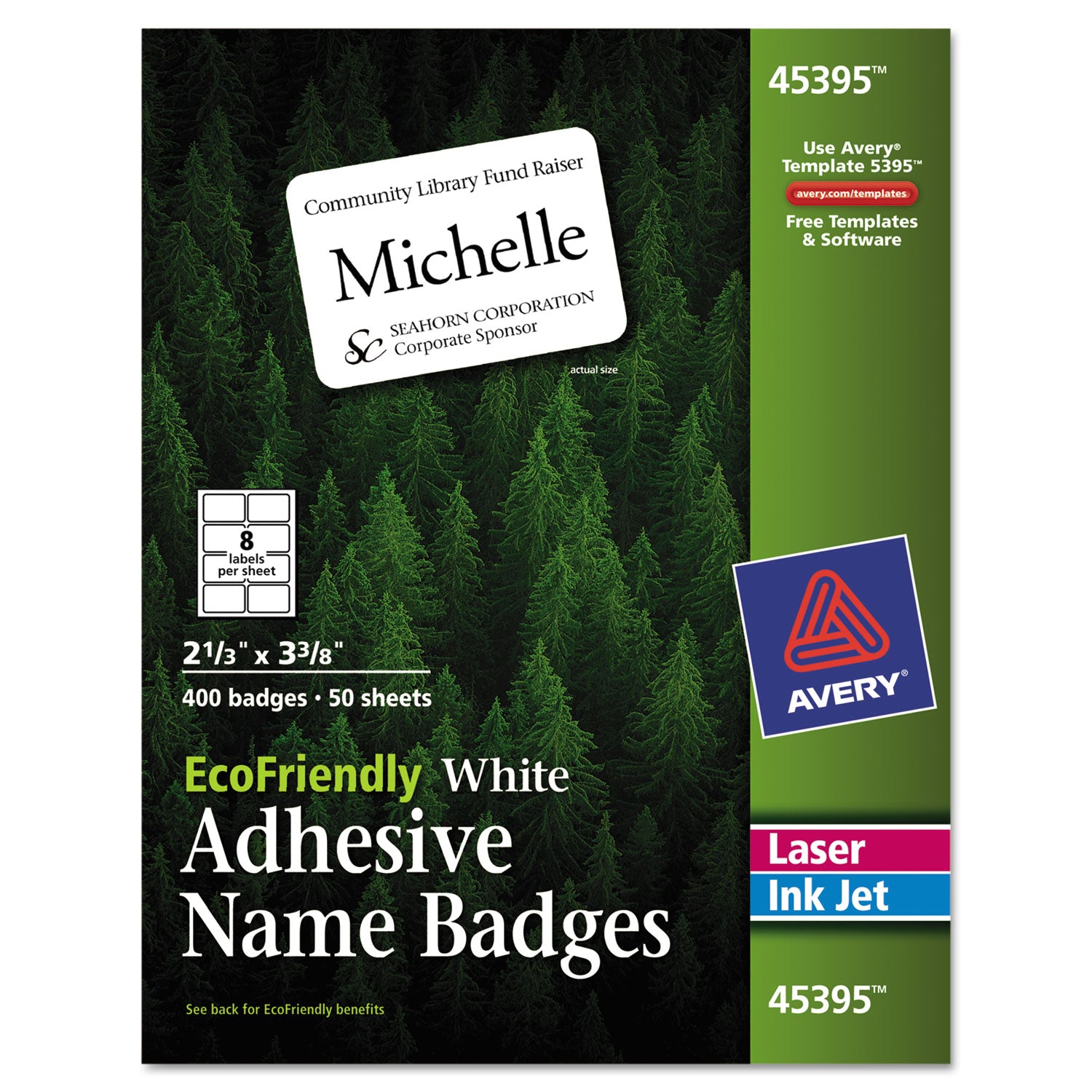 EcoFriendly Adhesive Name Badge Labels, 3.38 x 2.33, White, 400/Box