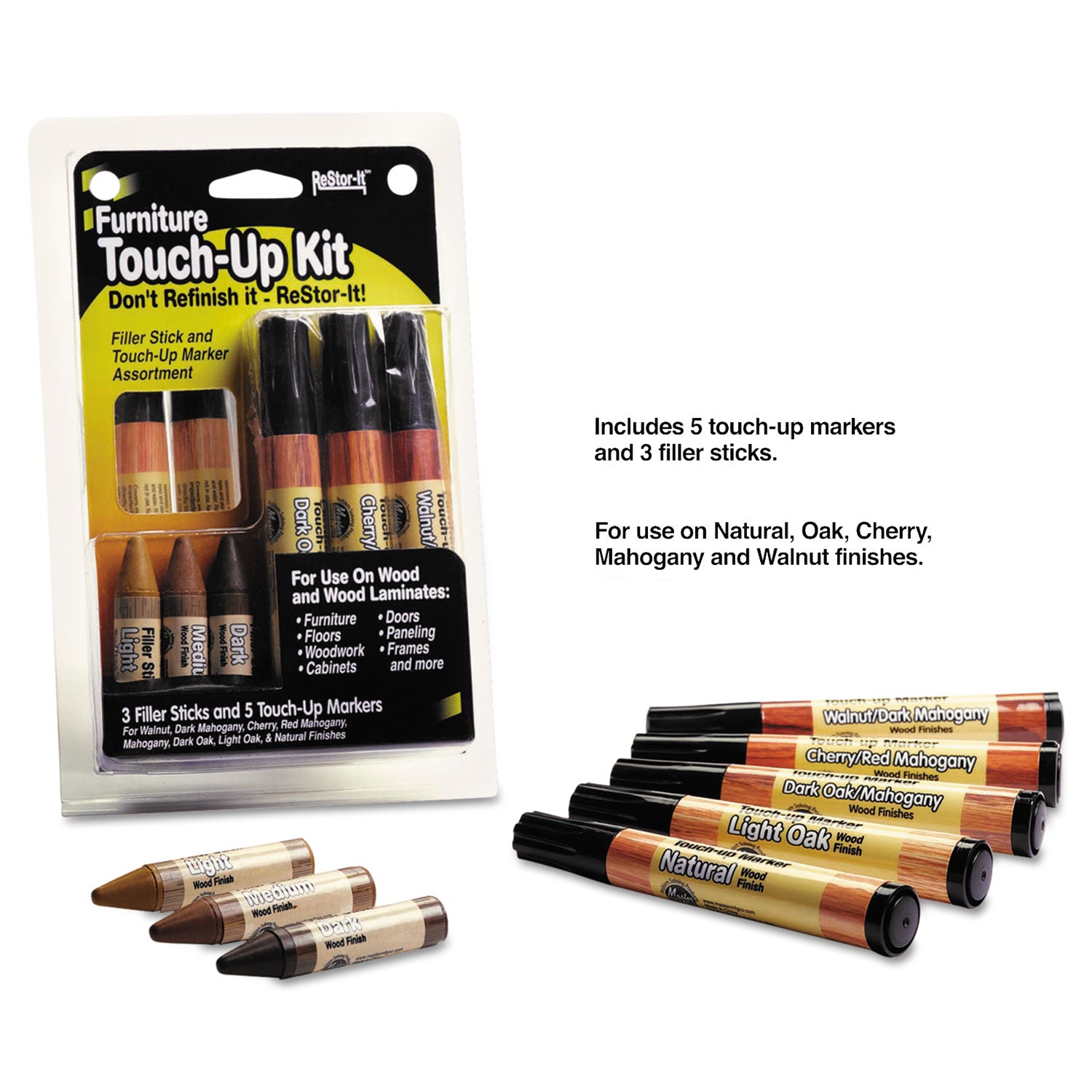 Master Caster® ReStor-It Furniture Touch-Up Kit with (5) Woodgrain Markers, (3) Filler Sticks, 4.25 x 0.38 x 6.75