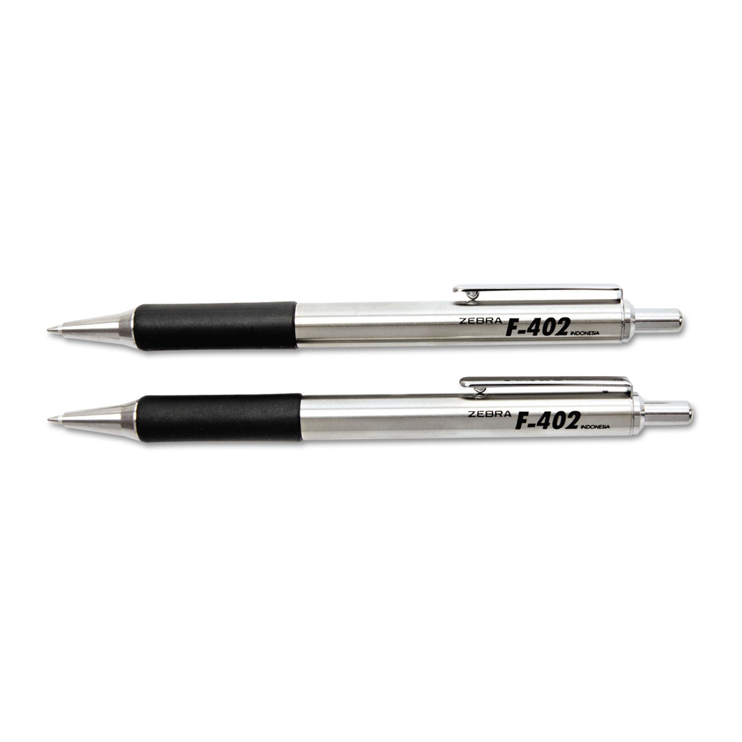 Zebra® F-402 Ballpoint Pen, Retractable, Fine 0.7 mm, Black Ink, Stainless Steel/Black Barrel, 2/Pack