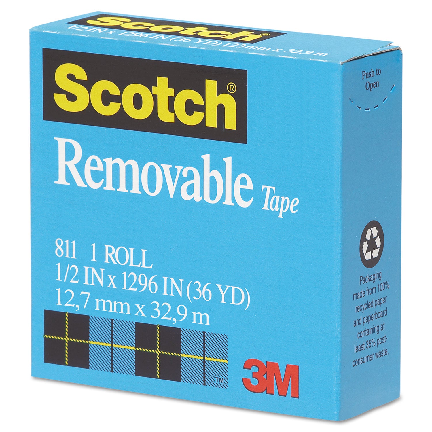 Scotch® Removable Tape, 1" Core, 0.5" x 36 yds, Transparent