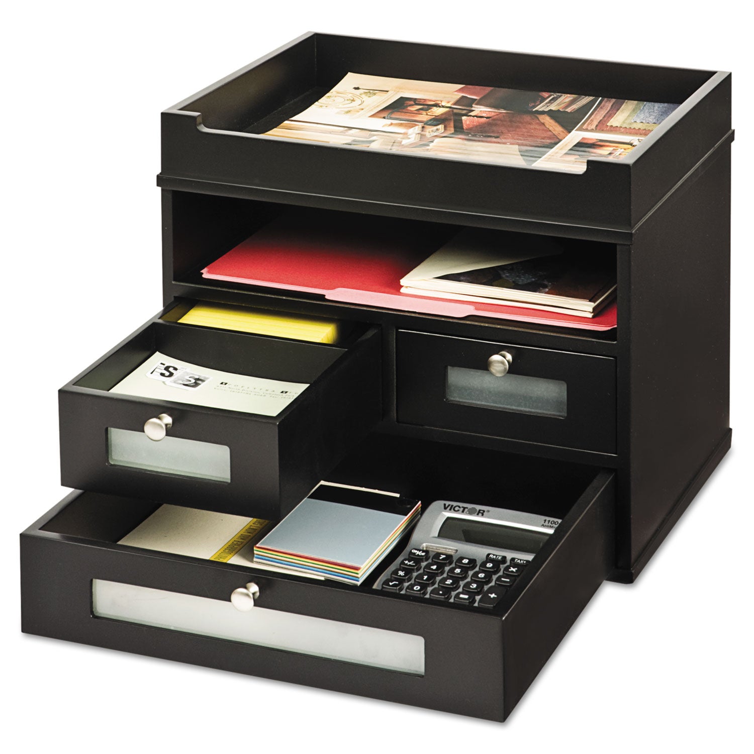 Victor® Midnight Black Collection Tidy Tower, 5 Compartments, 3 Drawers, 12.8 x 10.6 x 10.9, Black