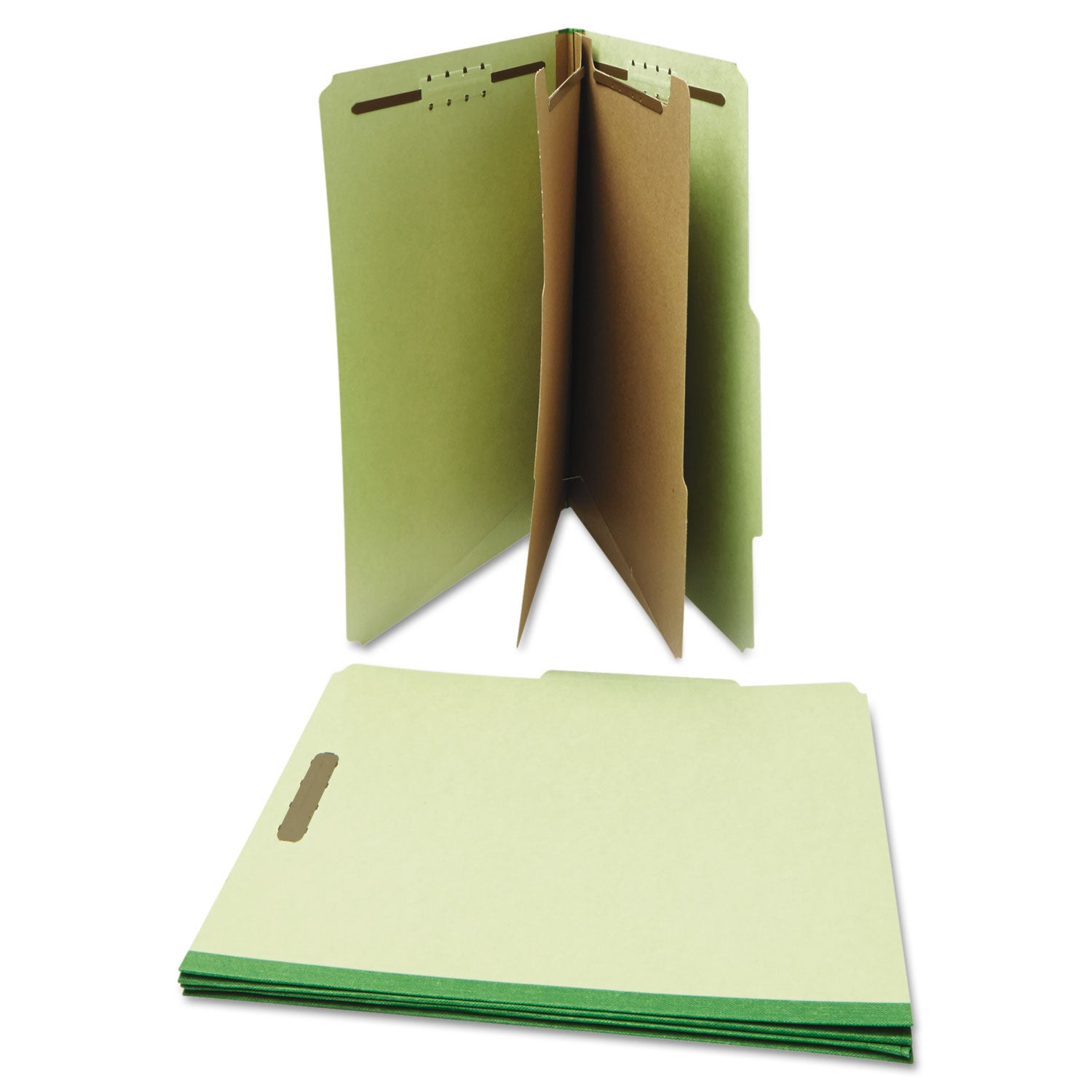 Universal® Six-Section Pressboard Classification Folders, 2" Expansion, 2 Dividers, 6 Fasteners, Letter Size, Green Exterior, 10/Box