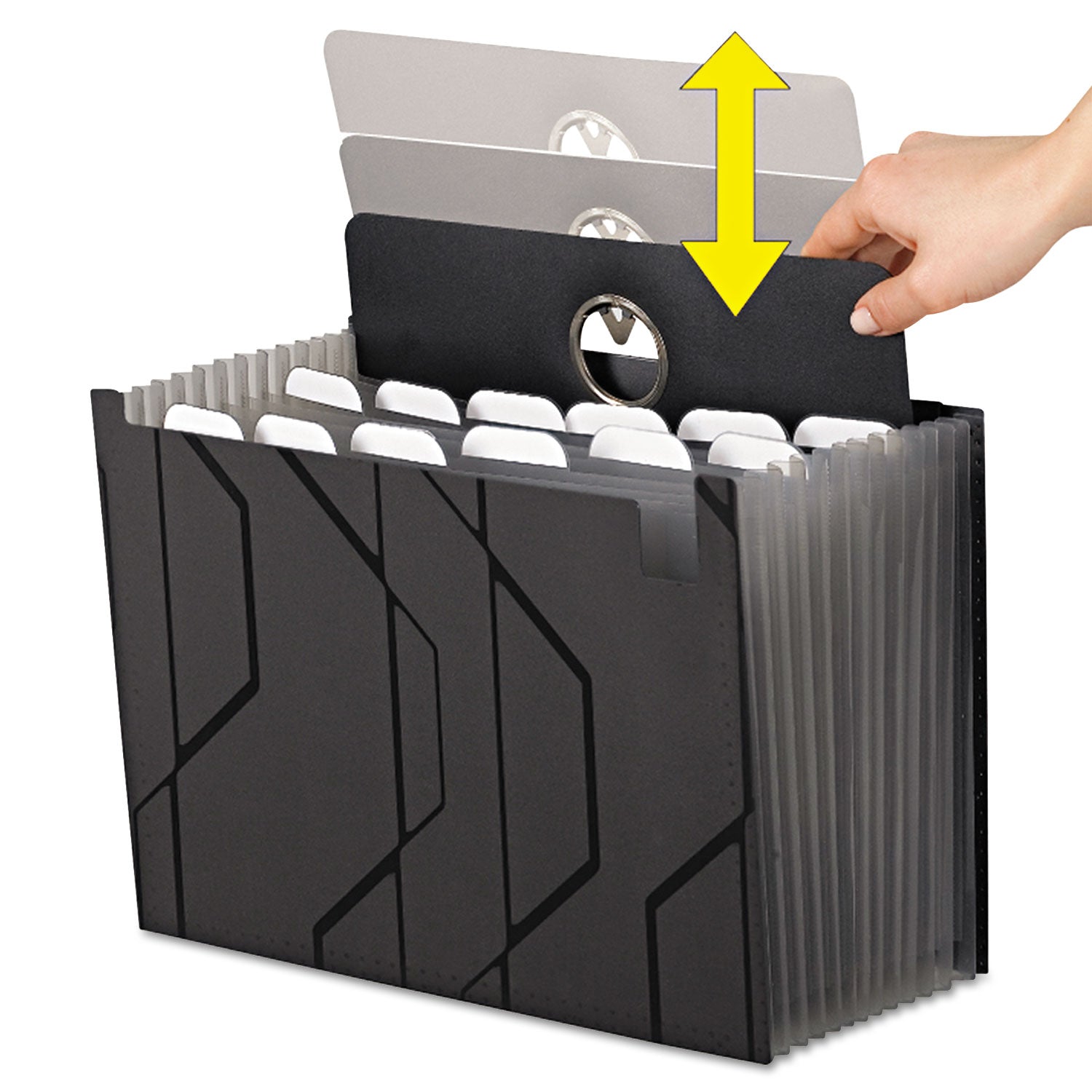 Pendaflex® Sliding Cover Expanding File, 4" Expansion, 13 Sections, Cord/Hook Closure, 1/6-Cut Tabs, Letter Size, Black