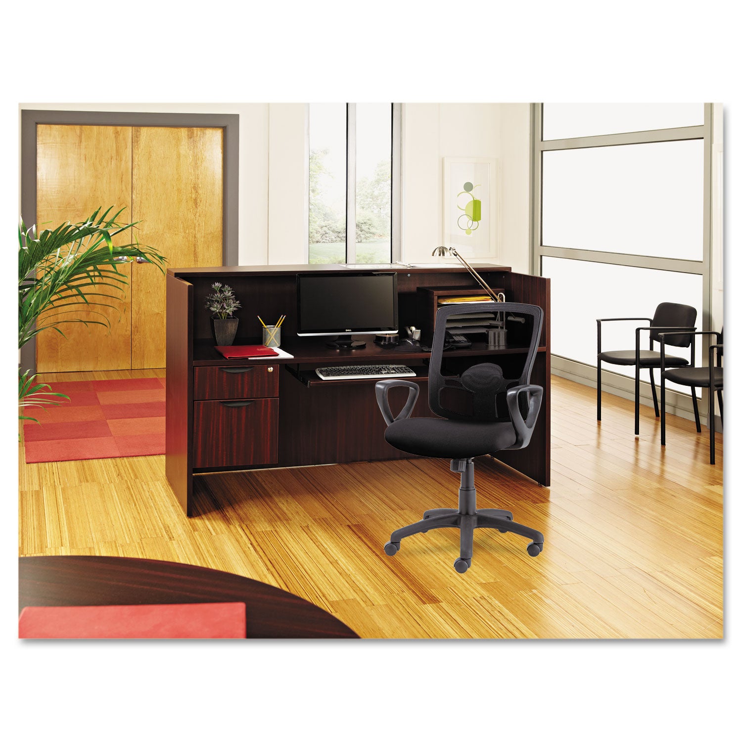 Alera® Alera Valencia Series Reception Desk with Transaction Counter, 71" x 35.5" x 29.5" to 42.5", Mahogany