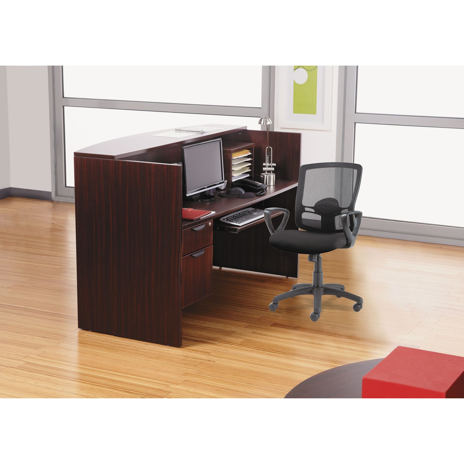 Alera® Alera Valencia Series Reception Desk with Transaction Counter, 71" x 35.5" x 29.5" to 42.5", Mahogany