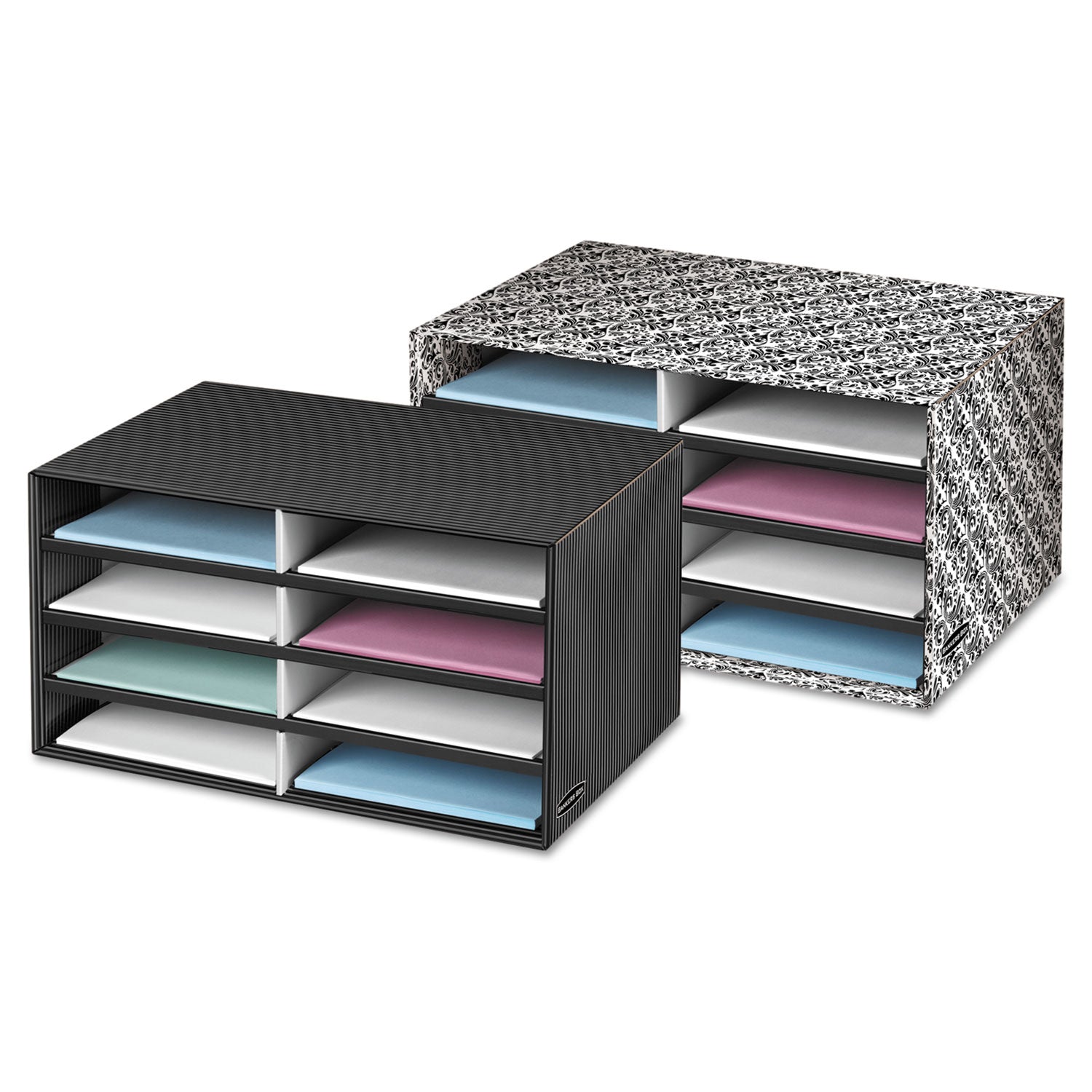 Bankers Box® Decorative Sorter, 8 Letter Compartments, 19.5 x 12.38 x 10.25, Black/Gray Pinstripe