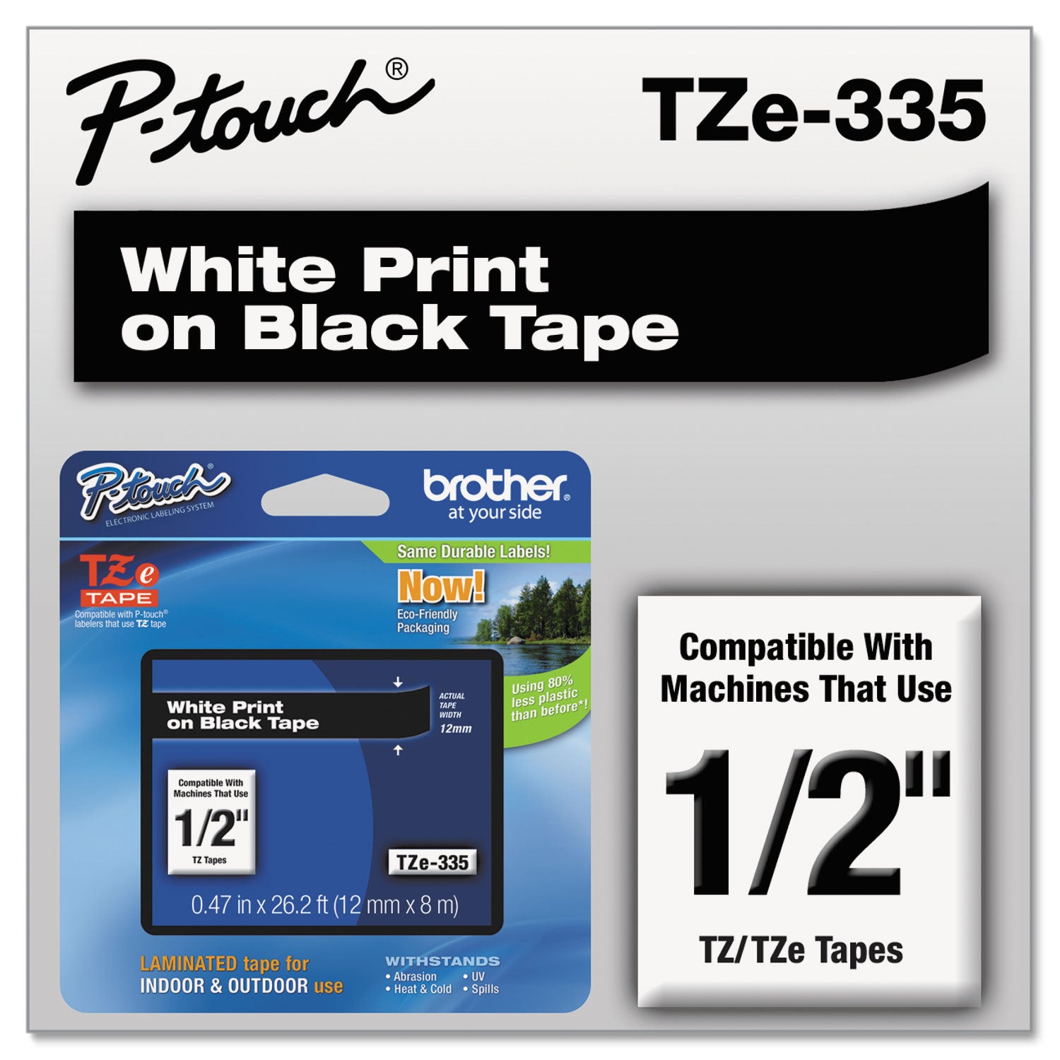 Brother P-Touch® TZe Standard Adhesive Laminated Labeling Tape, 0.47" x 26.2 ft, White on Black