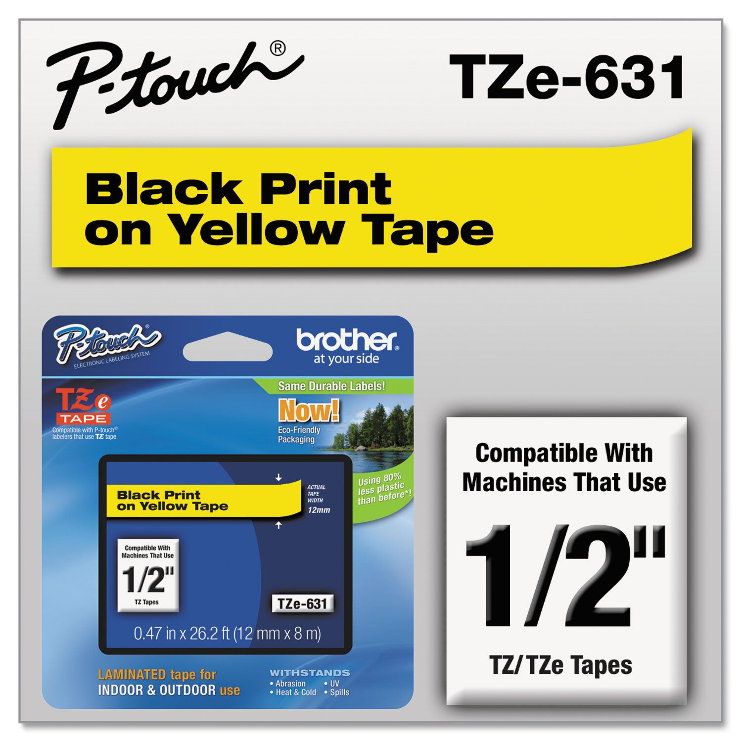 Brother P-Touch® TZe Standard Adhesive Laminated Labeling Tape, 0.47" x 26.2 ft, Black on Yellow