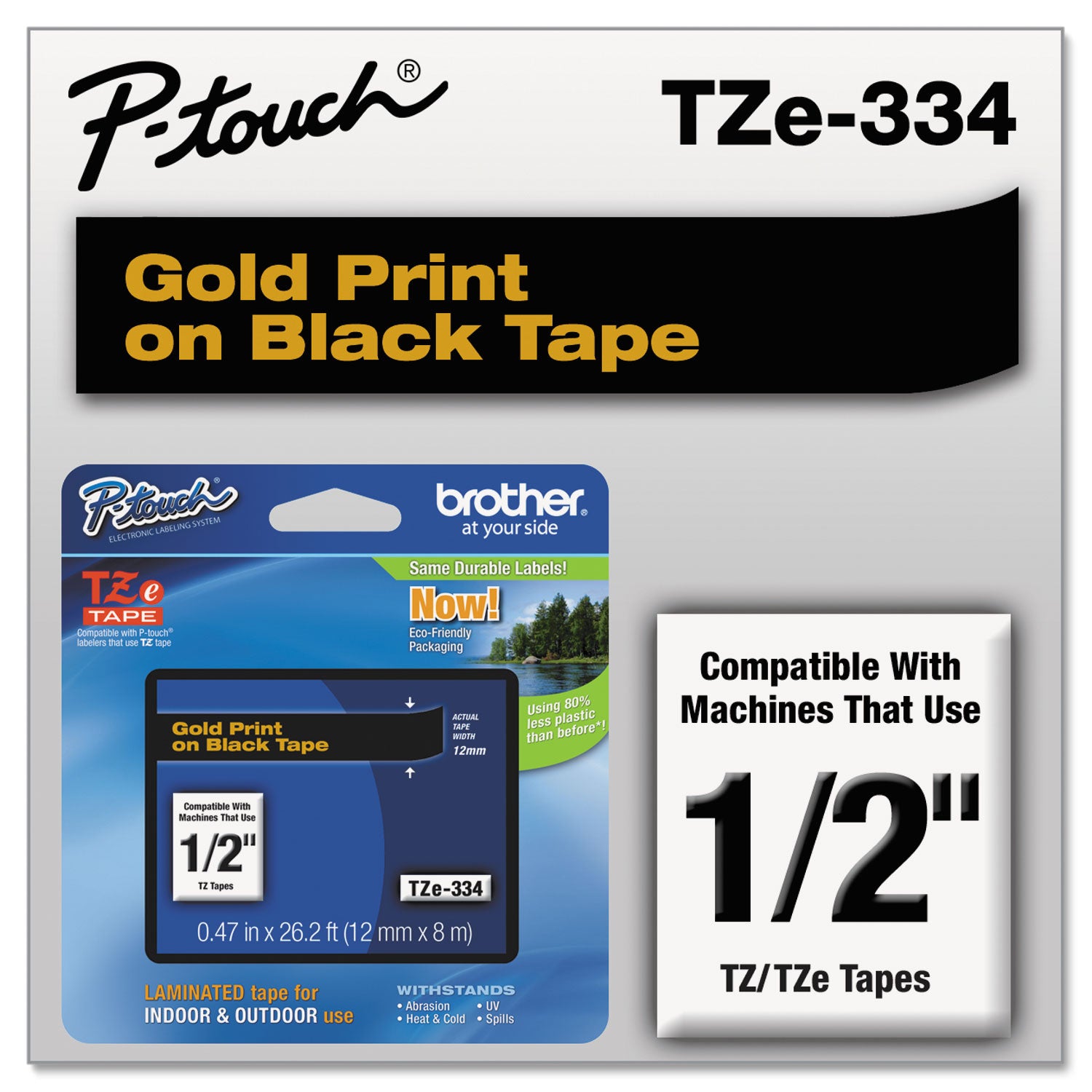 Brother P-Touch® TZe Standard Adhesive Laminated Labeling Tape, 0.47" x 26.2 ft, Gold on Black